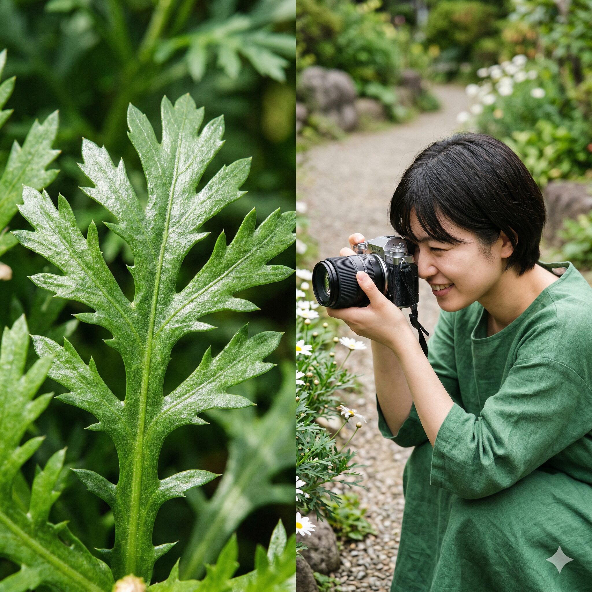 デージー と マーガレット の 違い2　春菊のように深い切れ込みがあるマーガレットの葉の接写写真