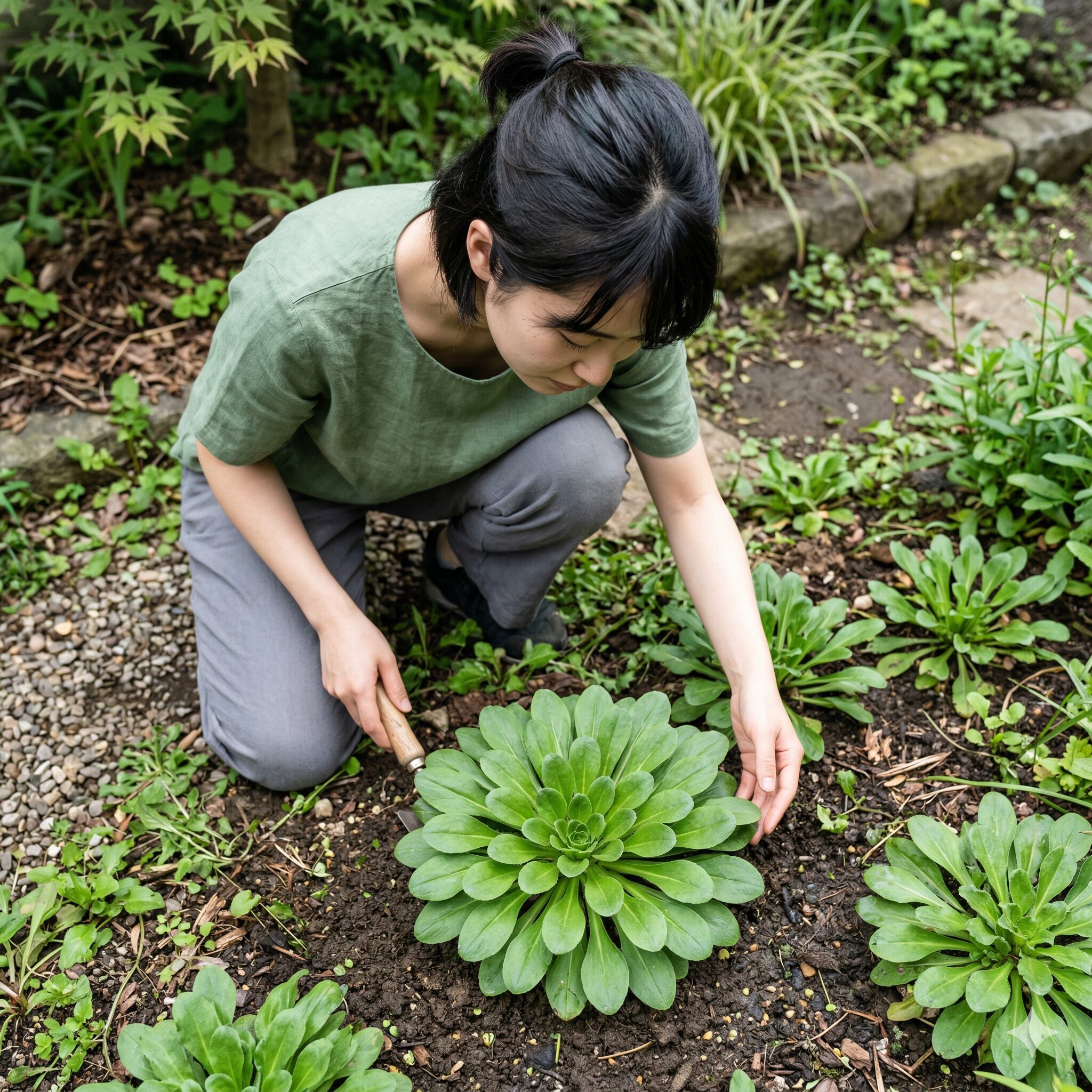 デージー と マーガレット の 違い3　地面に放射状に広がるデージーの丸いロゼット葉の様子