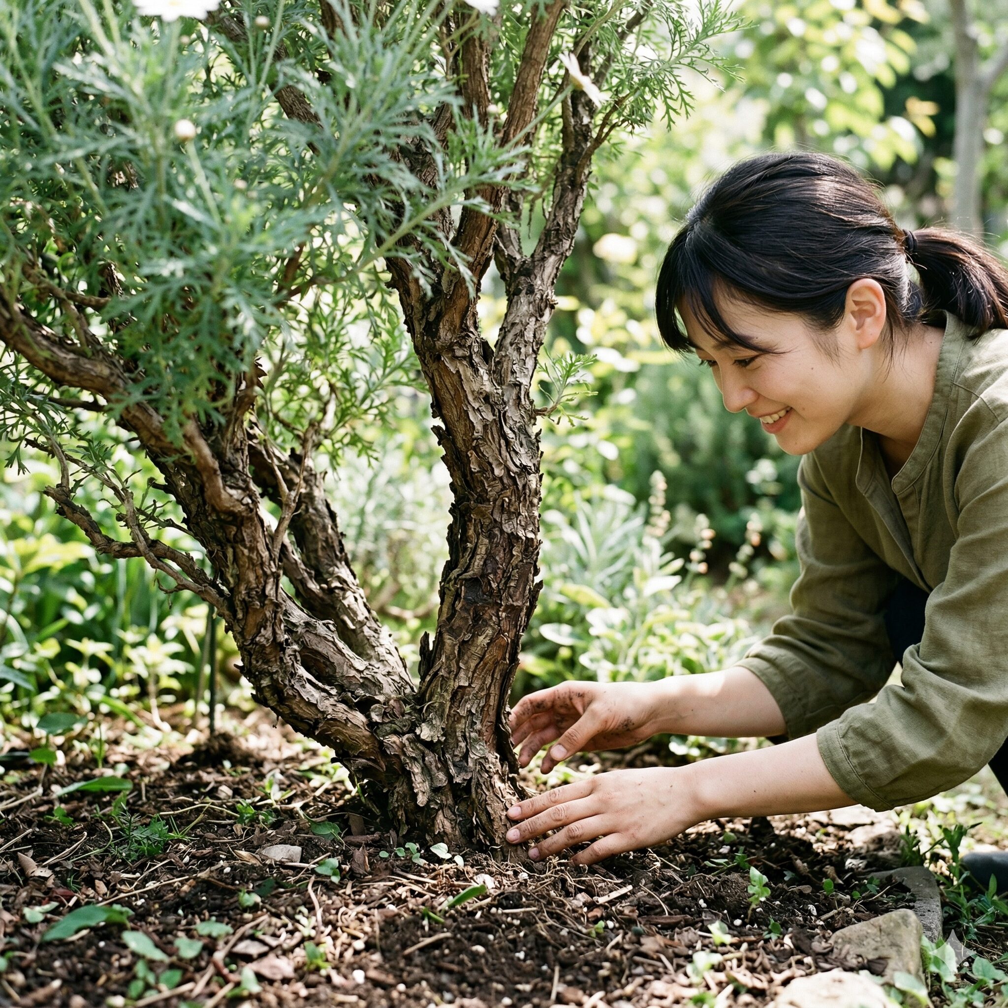 デージー と マーガレット の 違い4　年数を経て茎の根元が木のように硬くなったマーガレットの木質化の様子