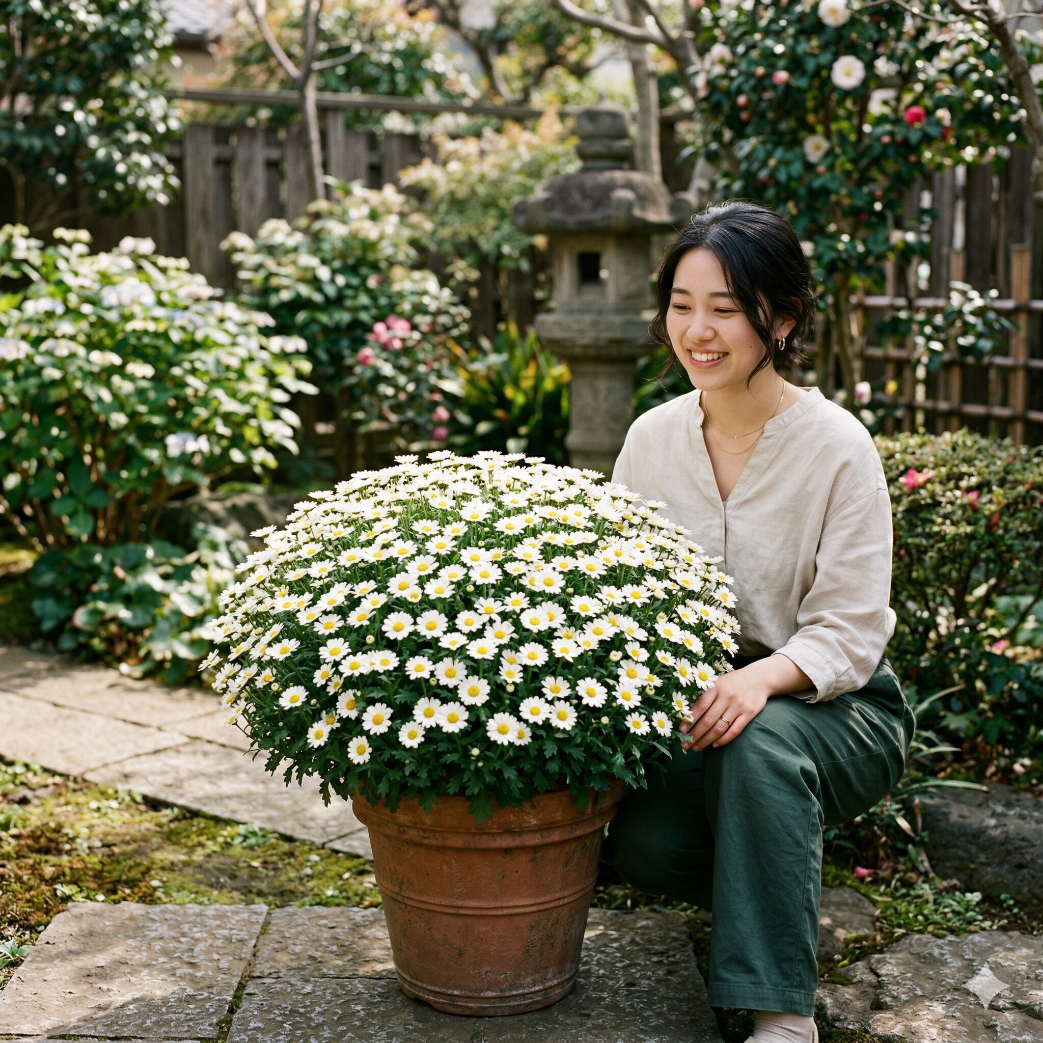 デージー と マーガレット の 違い5　株全体が丸くドーム状に広がりボリュームたっぷりに咲くノースポールの写真