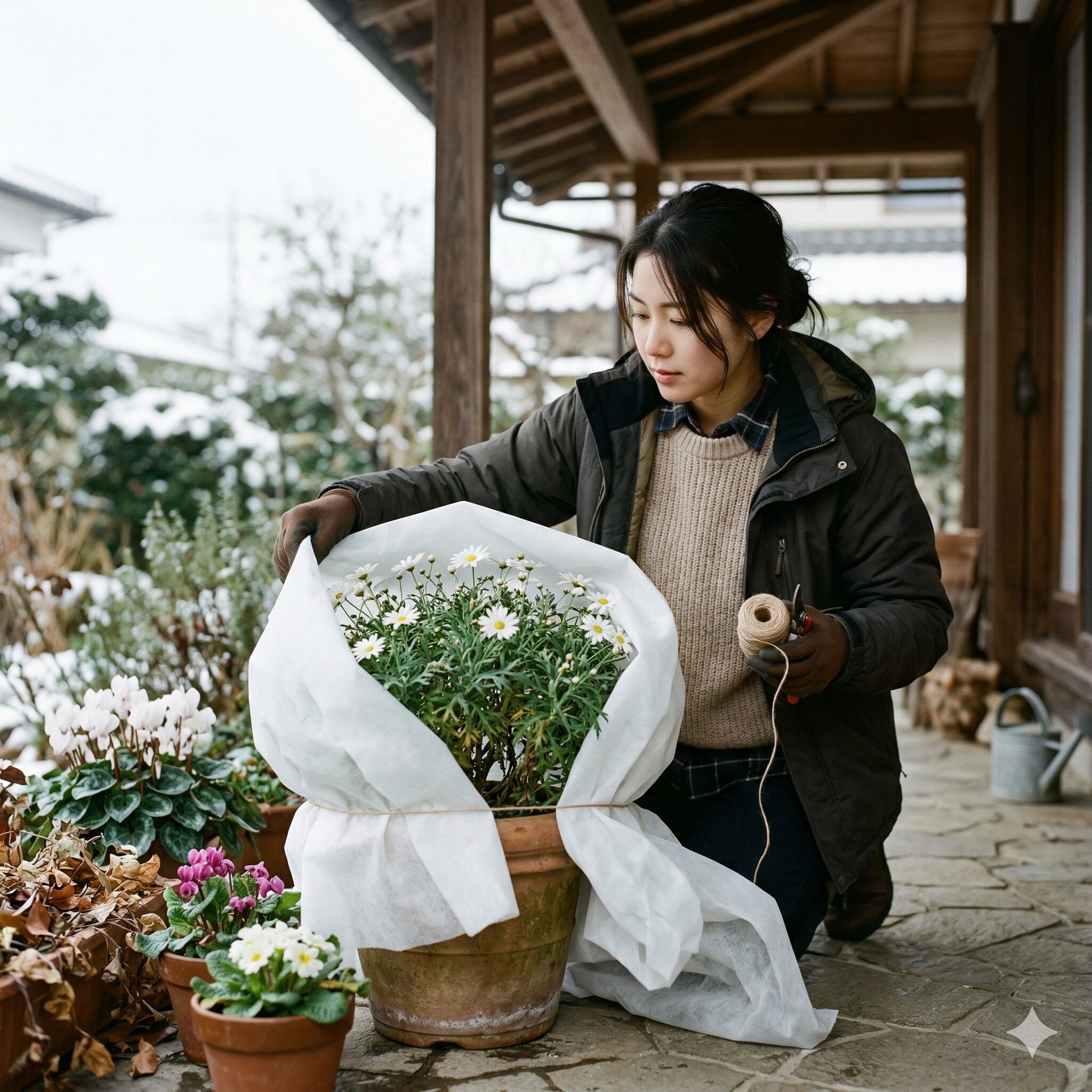 デージー と マーガレット の 違い8　冬の霜や寒風から守るために不織布で防寒対策を施したマーガレットの鉢