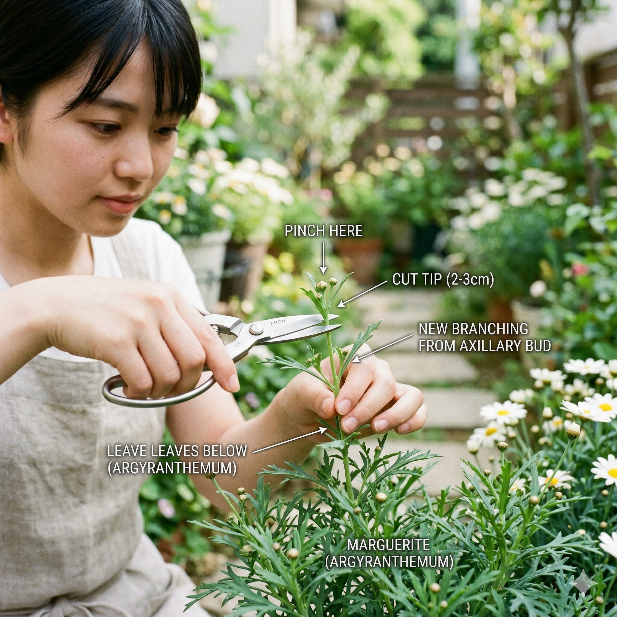 デージー と マーガレット の 違い9　花数を増やすためにマーガレットの茎の先端をカットする摘心作業の様子