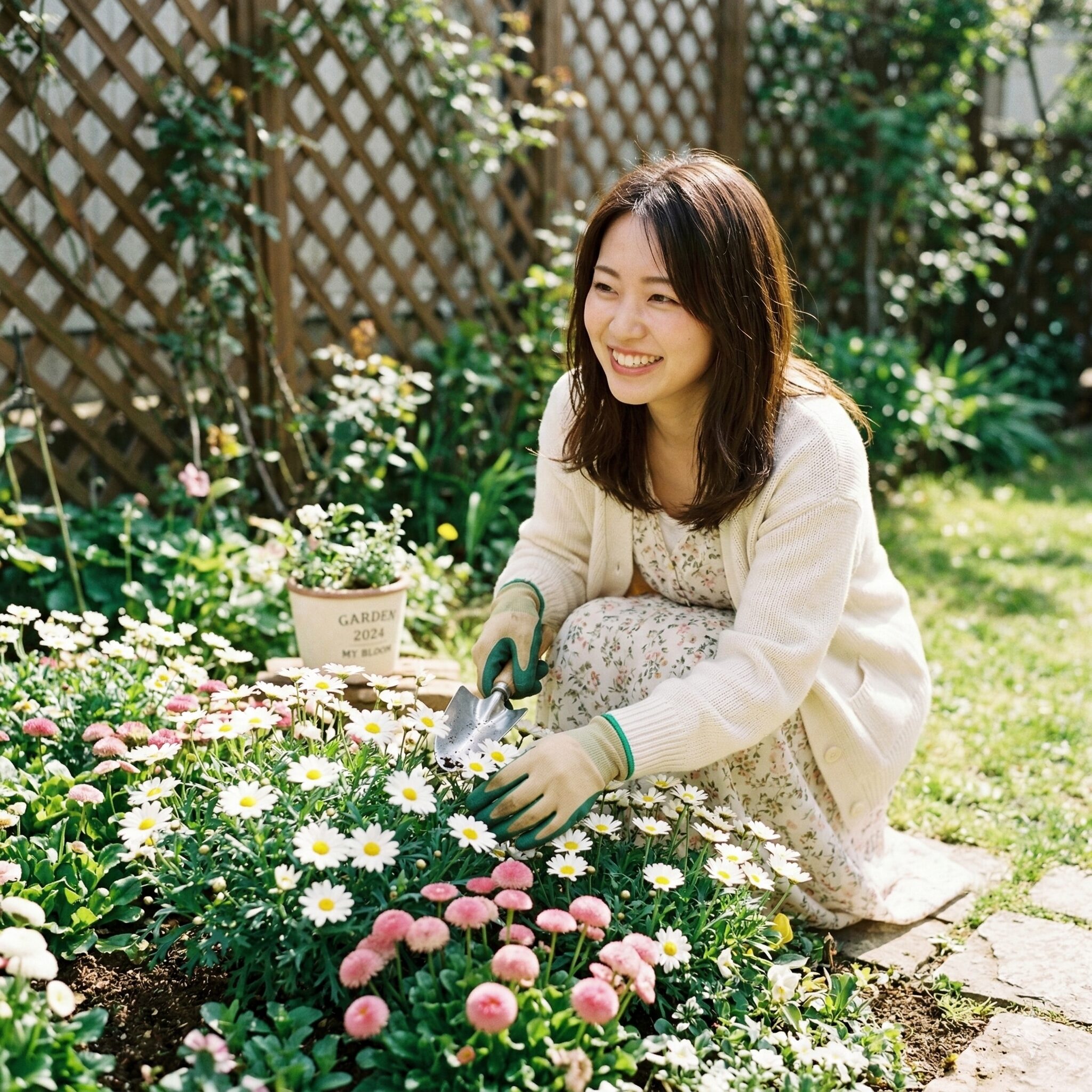 デージー マーガレット 違い1　春の庭に咲く白いマーガレットとピンクのデージーの寄せ植えイメージ。中心が黄色いキク科の花の比較。