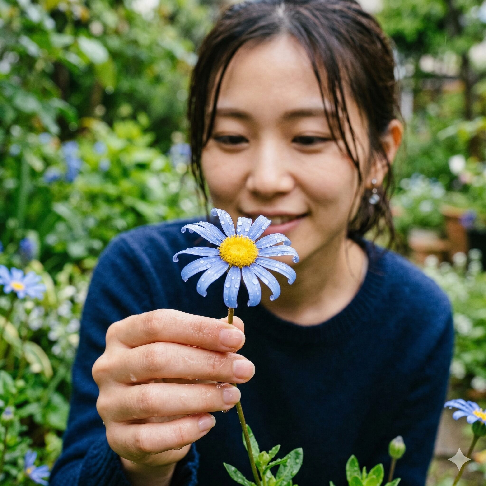 デージー マーガレット 違い10　雨に濡れて花びらが反り返ったブルーデージー（フェリシア）。鮮やかな青色と黄色のコントラストが美しい花。