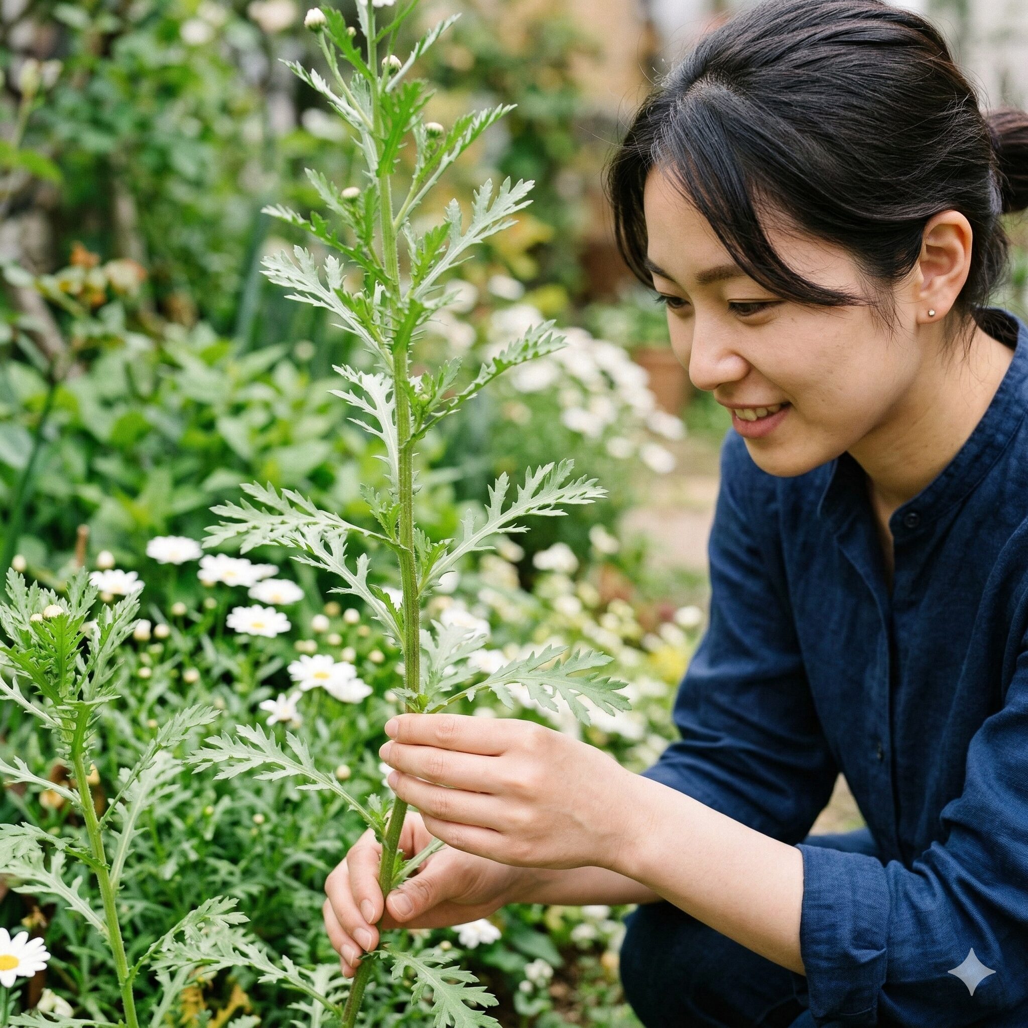 デージー マーガレット 違い3　深い切れ込みがあるマーガレット（木春菊）の葉のアップ。茎から枝分かれして生えるギザギザした葉の形。