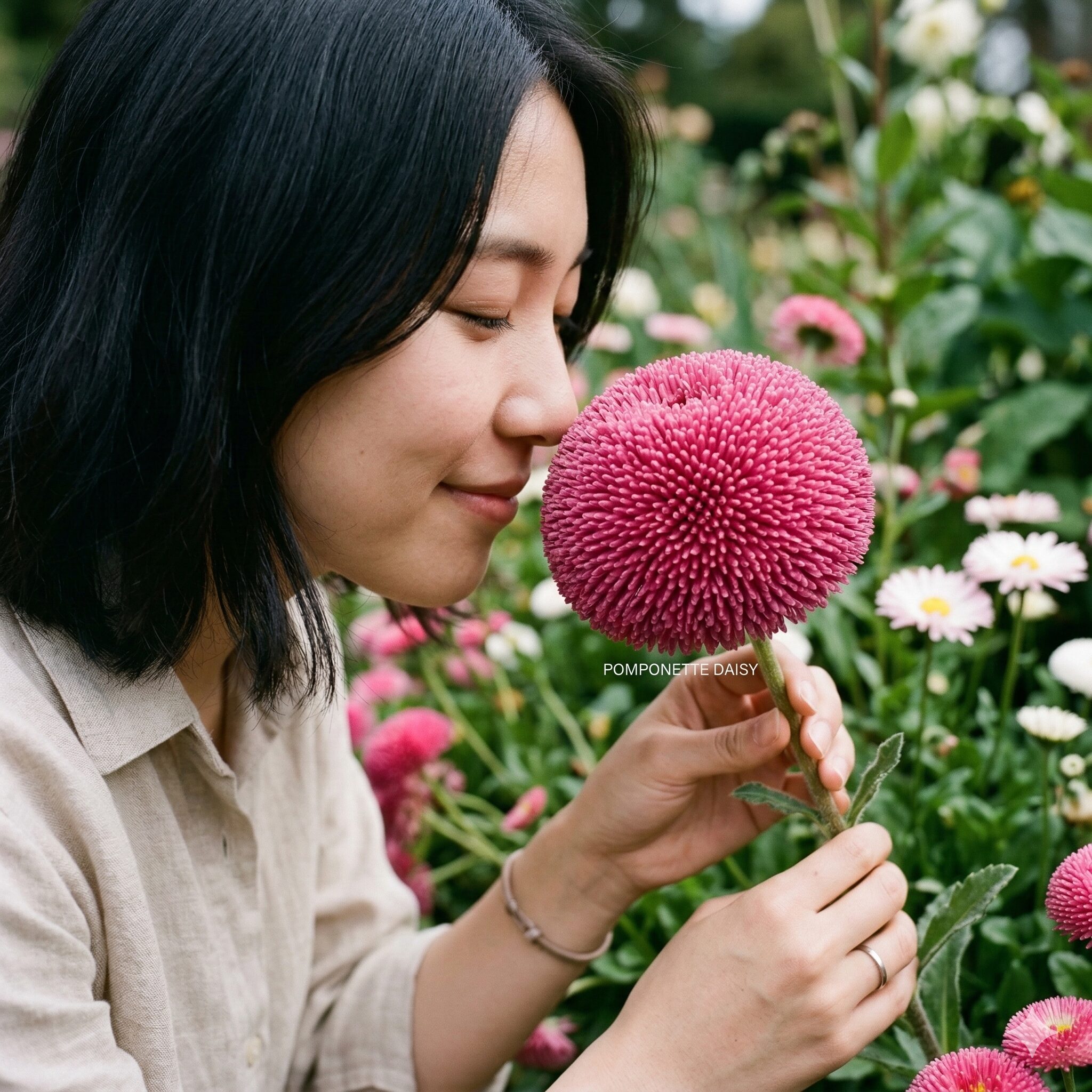 デージー マーガレット 違い4　筒状の花びらが密集したポンポン咲きデージーのアップ。丸っこい形が特徴的なキク科の花。