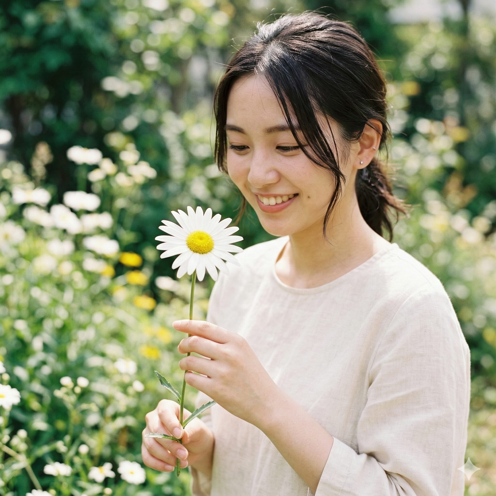 デージー マーガレット 違い5　白い一重咲きのマーガレット。黄色い花芯とスマートな白い花びらが特徴的なエレガントな姿。