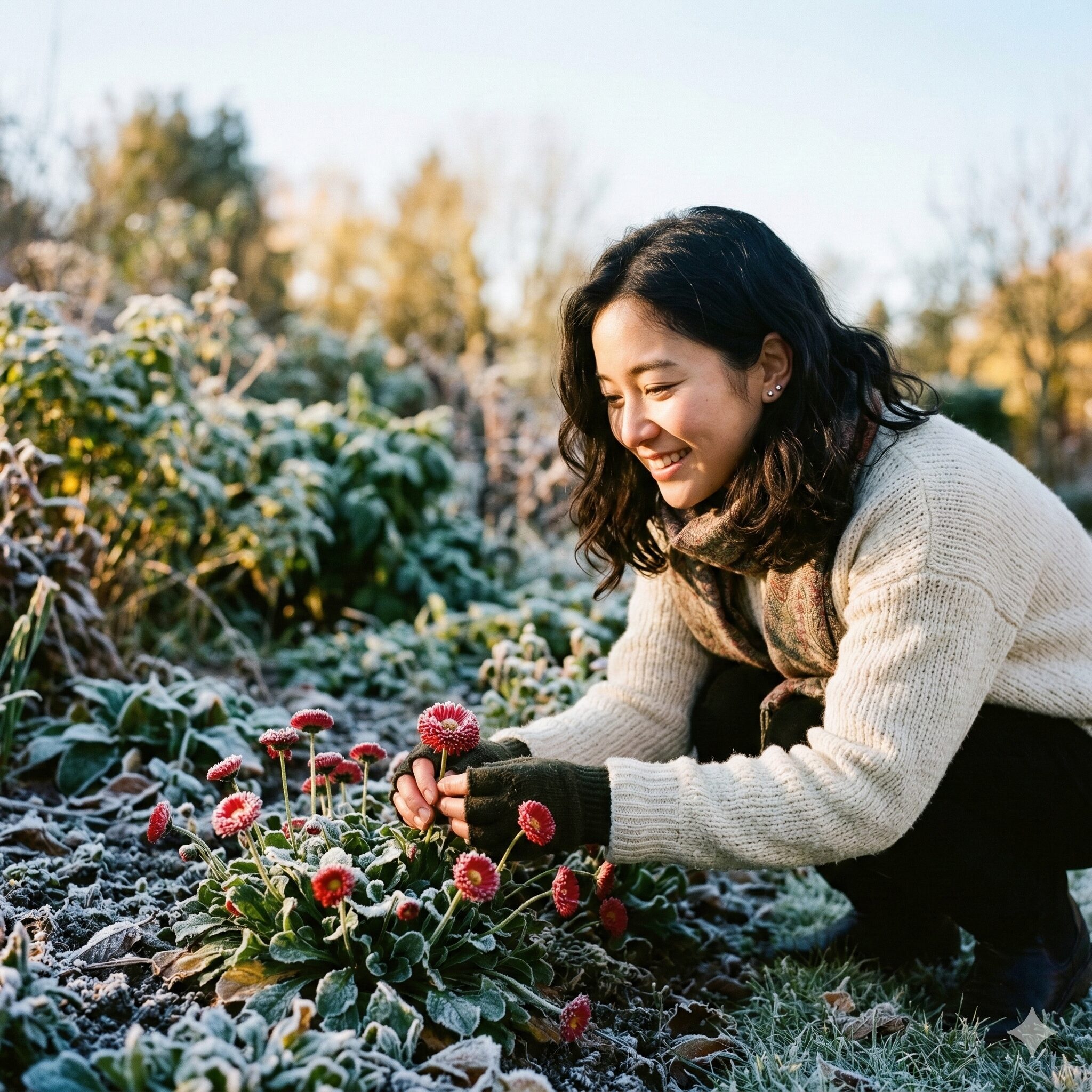 デージー マーガレット 違い7　冬の寒さの中で霜に耐えて咲く赤いデージー。耐寒性が強く冬から春まで楽しめる花壇の花。
