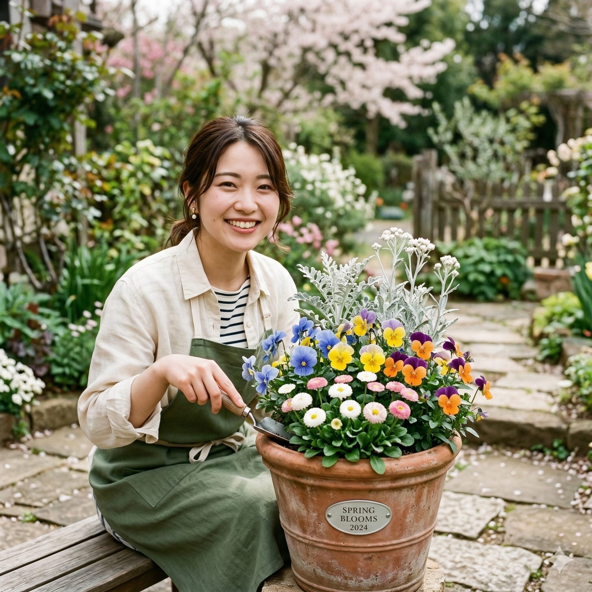 デージー マーガレット 違い8　デージーとパンジーを組み合わせた春の寄せ植え。草丈を活かして手前にデージーを配置した鉢植え例。