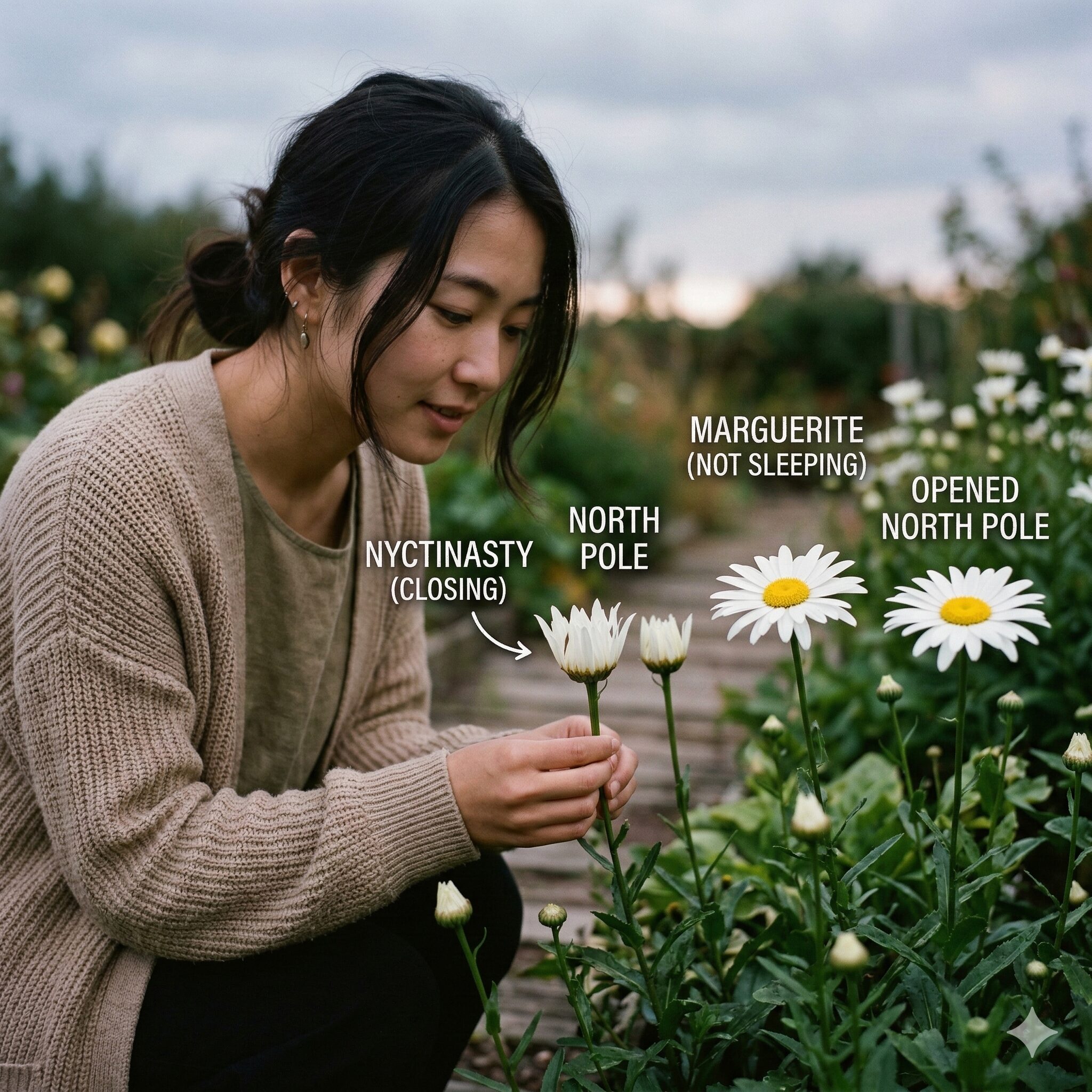 デージー マーガレット 違い9　夕方に花びらを閉じるノースポールの睡眠運動。マーガレットとの違いを見分けるための特徴。