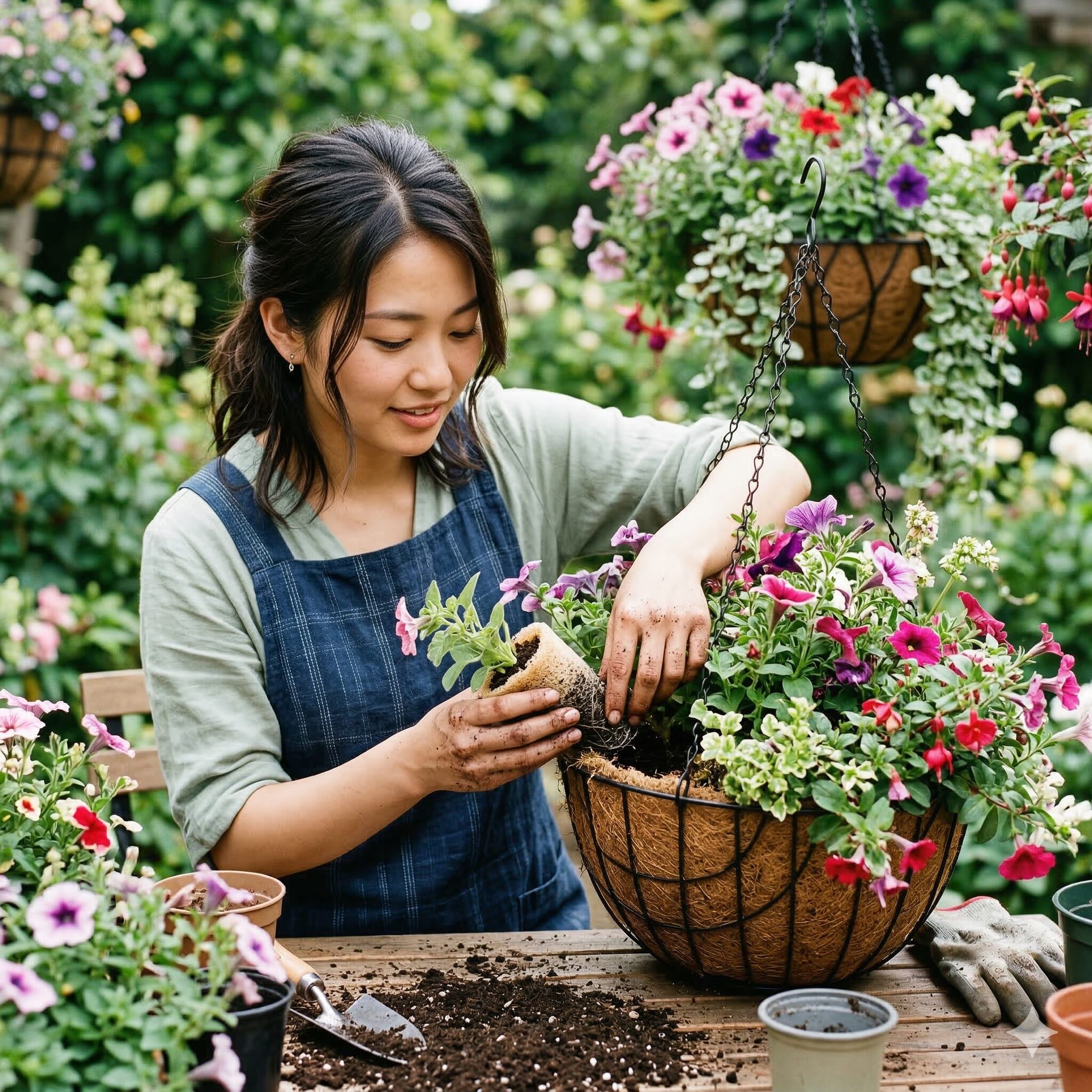 ビオラ パンジー 寄せ植え10　スリットバスケットの側面にビオラの苗を植え込む様子