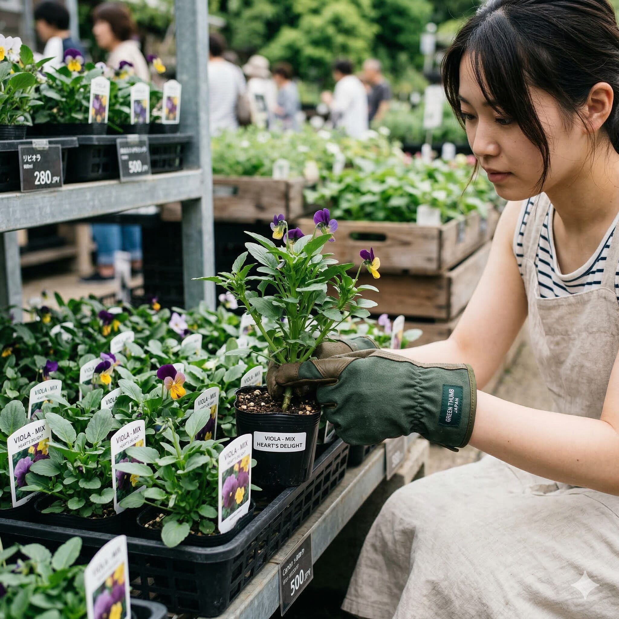 ビオラ パンジー 寄せ植え2　ビオラの苗選びで重要となる株元の安定感を指で確認する様子