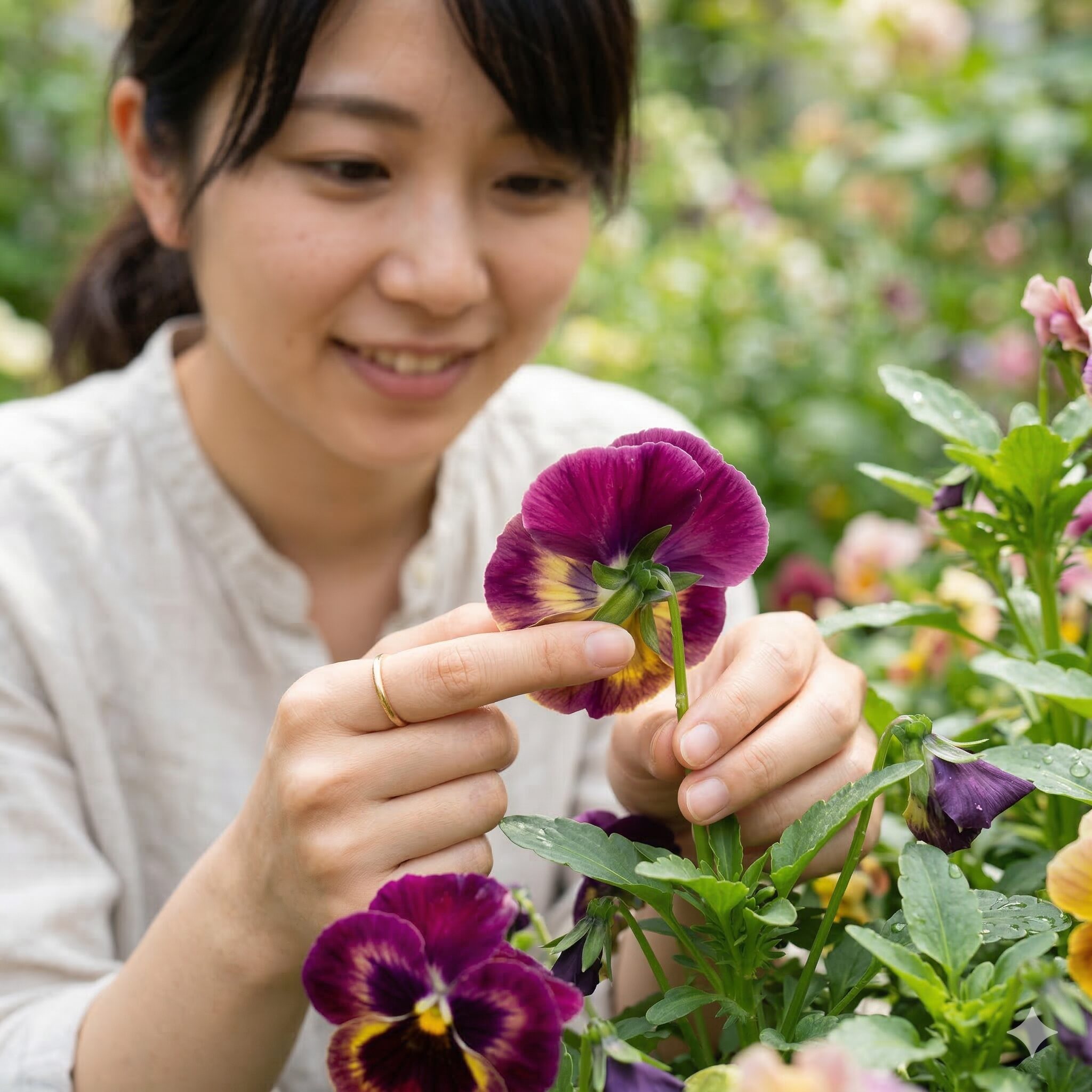 ビオラ パンジー 寄せ植え3　パンジーの株元に隠れている新しい蕾（つぼみ）の接写