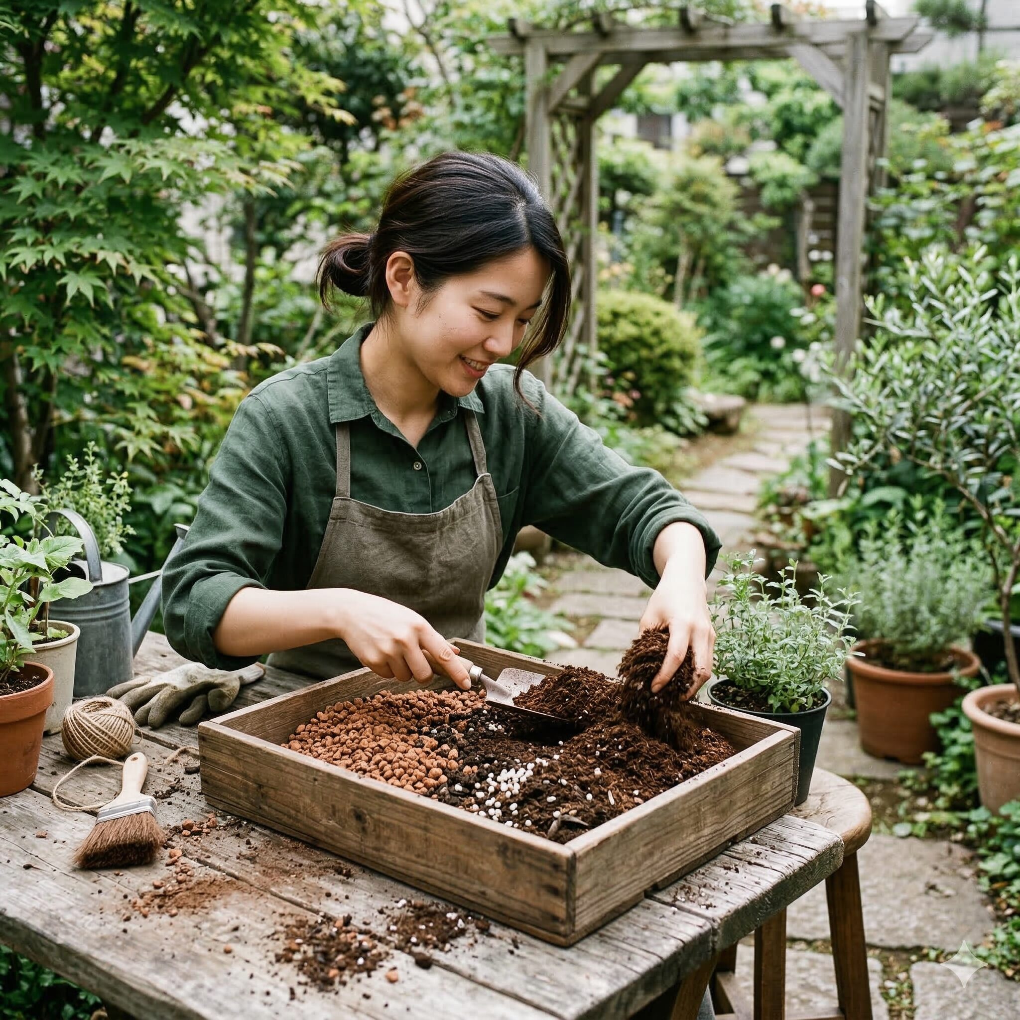 ビオラ パンジー 寄せ植え4　赤玉土と腐葉土を混ぜてビオラに最適な排水性の良い土を作る様子