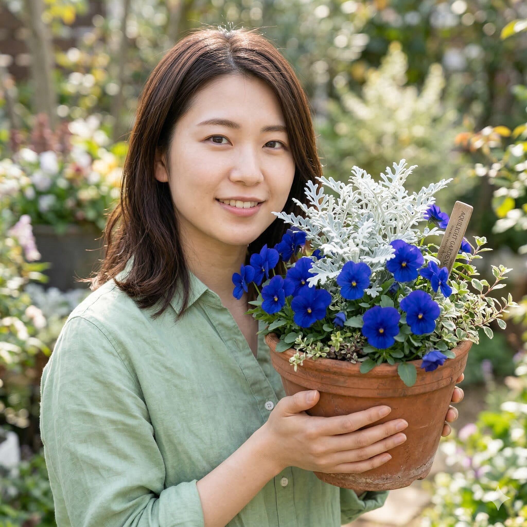 ビオラ パンジー 寄せ植え6　青いビオラを引き立てるシルバーリーフ（シロタエギク）との組み合わせ