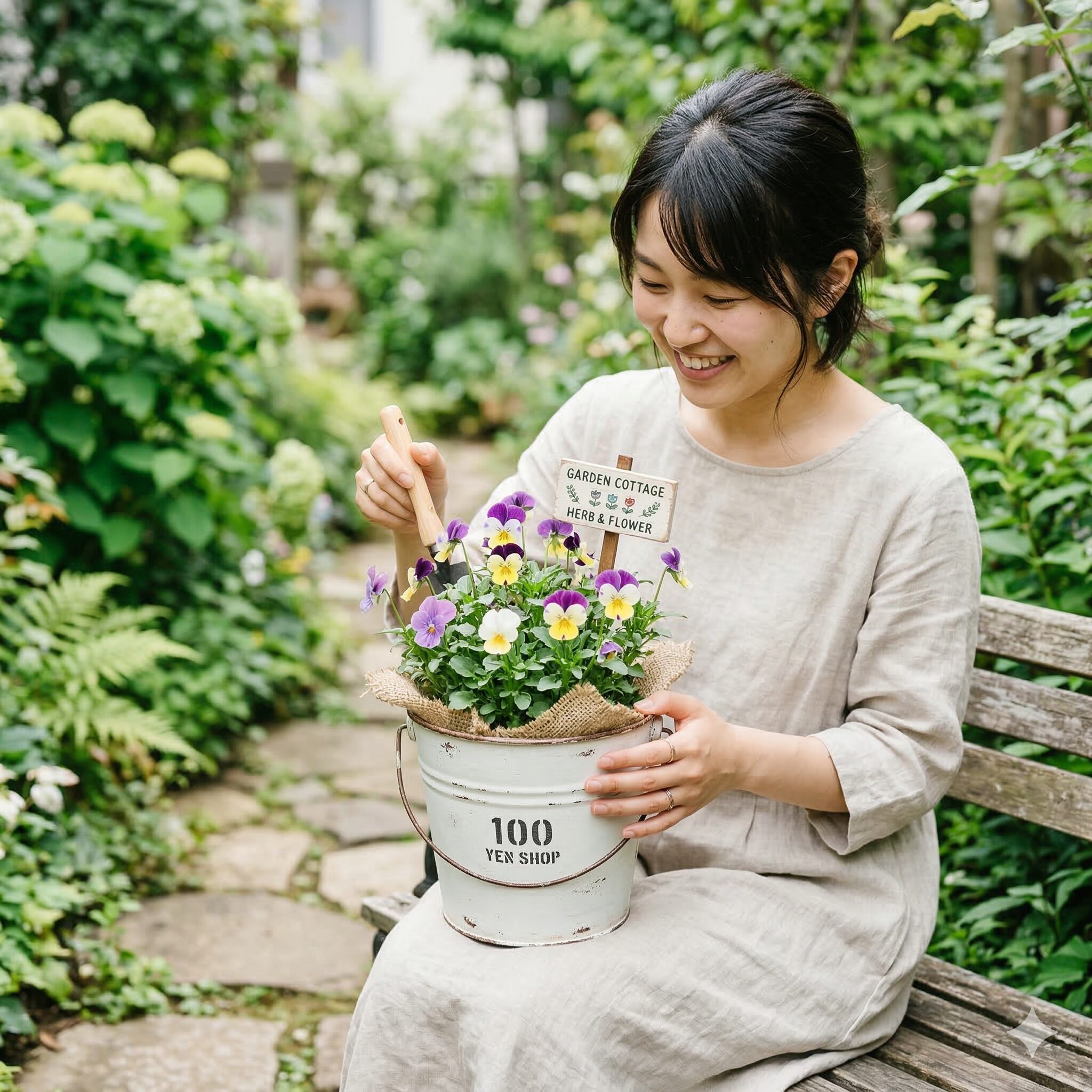 ビオラ パンジー 寄せ植え7　100均のブリキバケツとガーデンピックを活用したビオラの寄せ植え