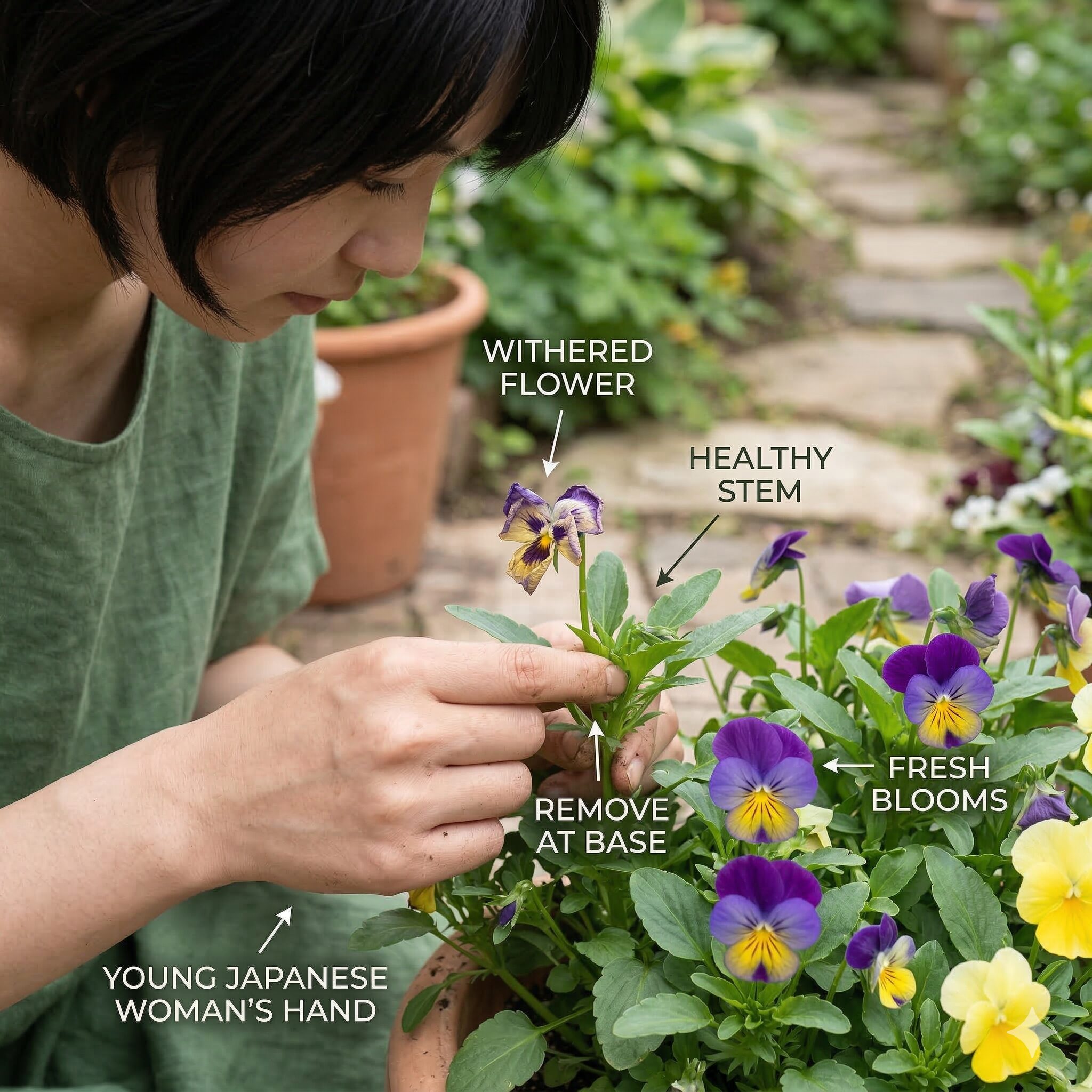 ビオラ パンジー 寄せ植え8　パンジーの種子形成を防ぐための正しい花がら摘みの方法