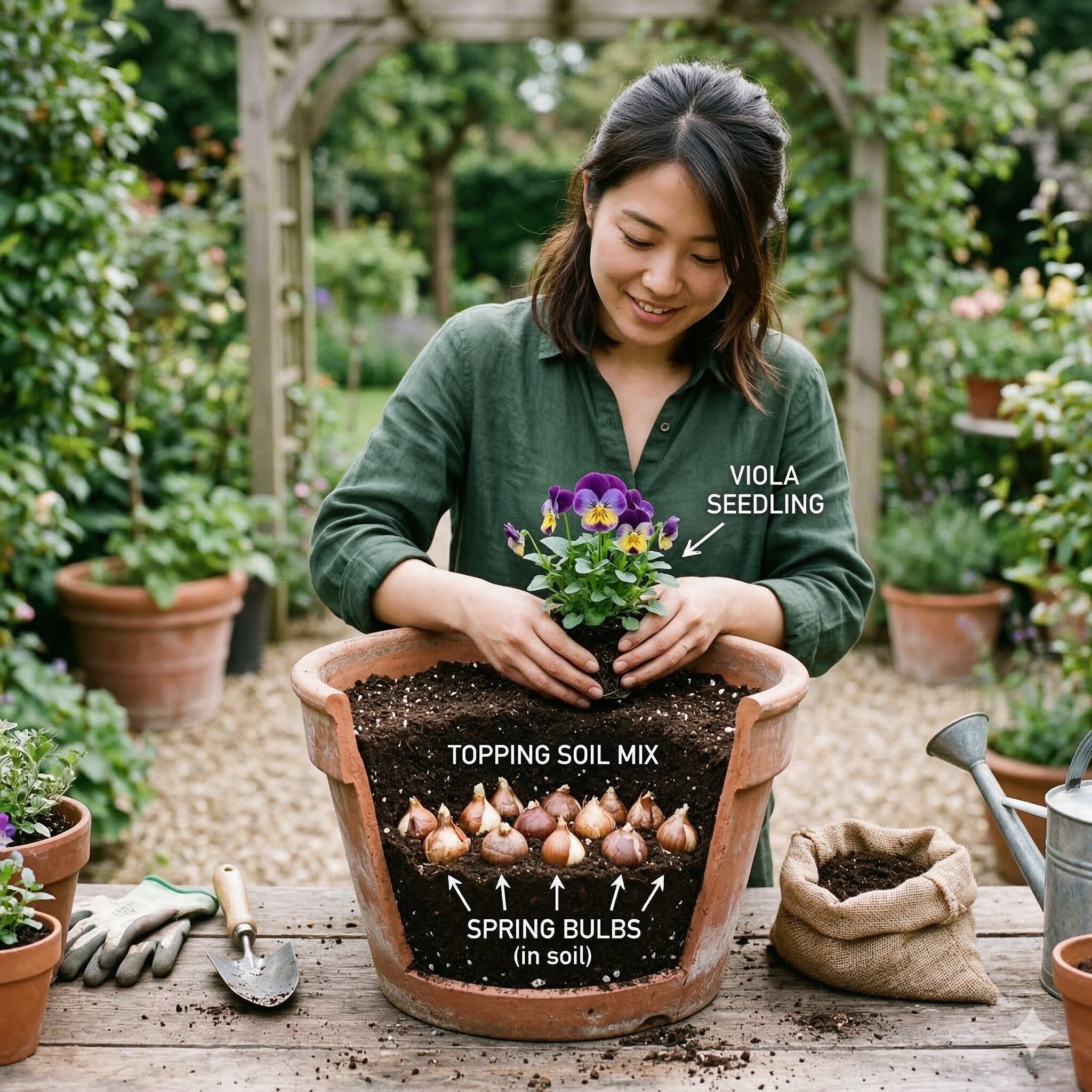 ビオラ パンジー 寄せ植え9　鉢の中に球根とビオラを二層に植え付けるダブルデッカーの工程