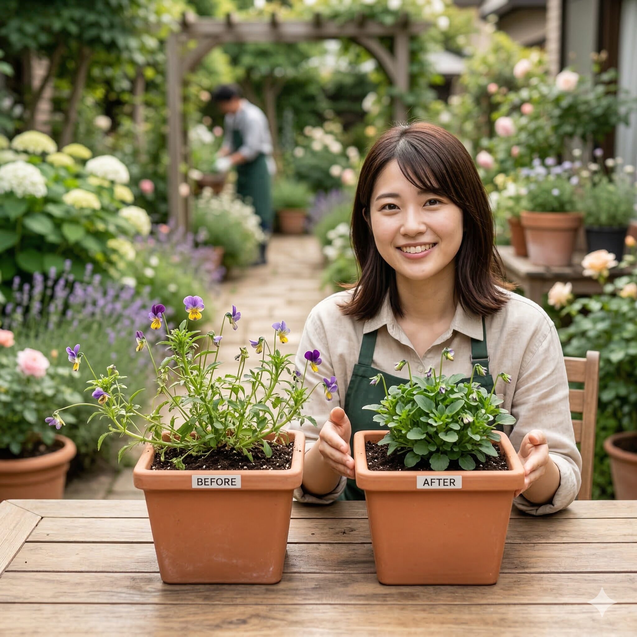 ビオラ 切り戻し1　ビオラの切り戻し前（徒長して形が崩れた状態）と切り戻し後（短くカットして整えた状態）の比較写真。