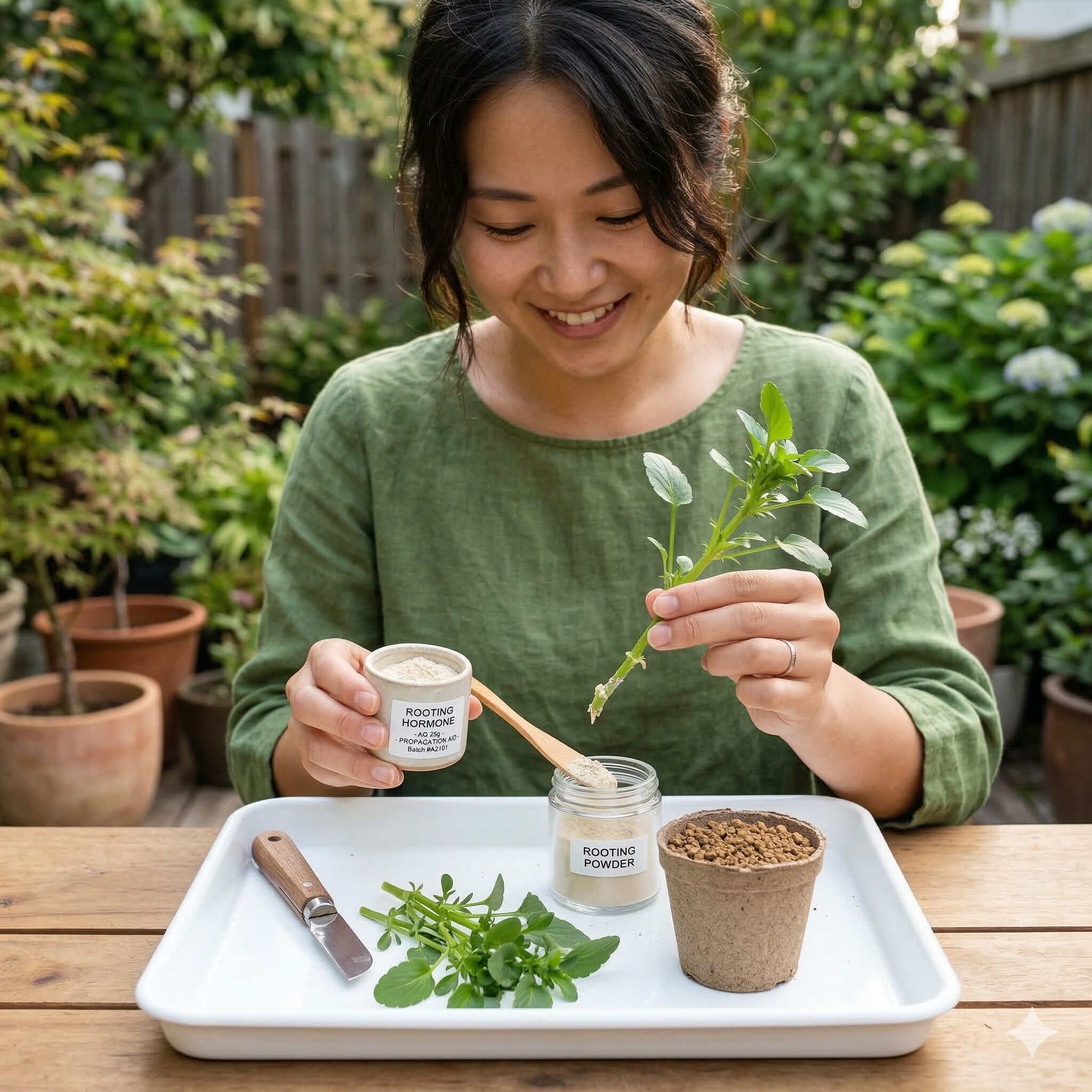 ビオラ 切り戻し10　切り戻しで出たビオラの茎を使い、発根促進剤をまぶして小さなポットに挿し木（クローン増殖）をしている様子。