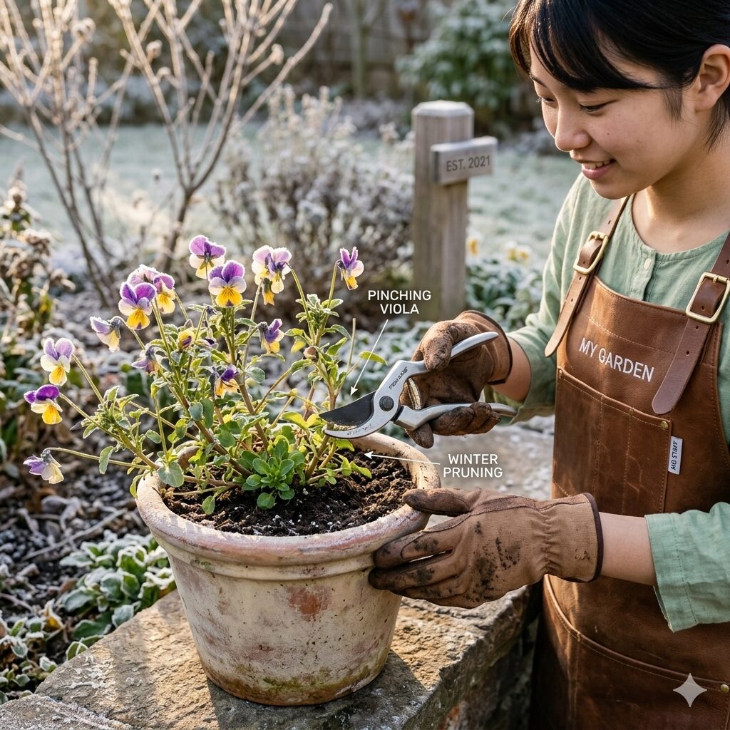 ビオラ 切り戻し2　冬（12月〜1月）の寒い時期に、伸びすぎたビオラの茎にハサミを入れ、切り戻しを行おうとしている園芸作業の様子。