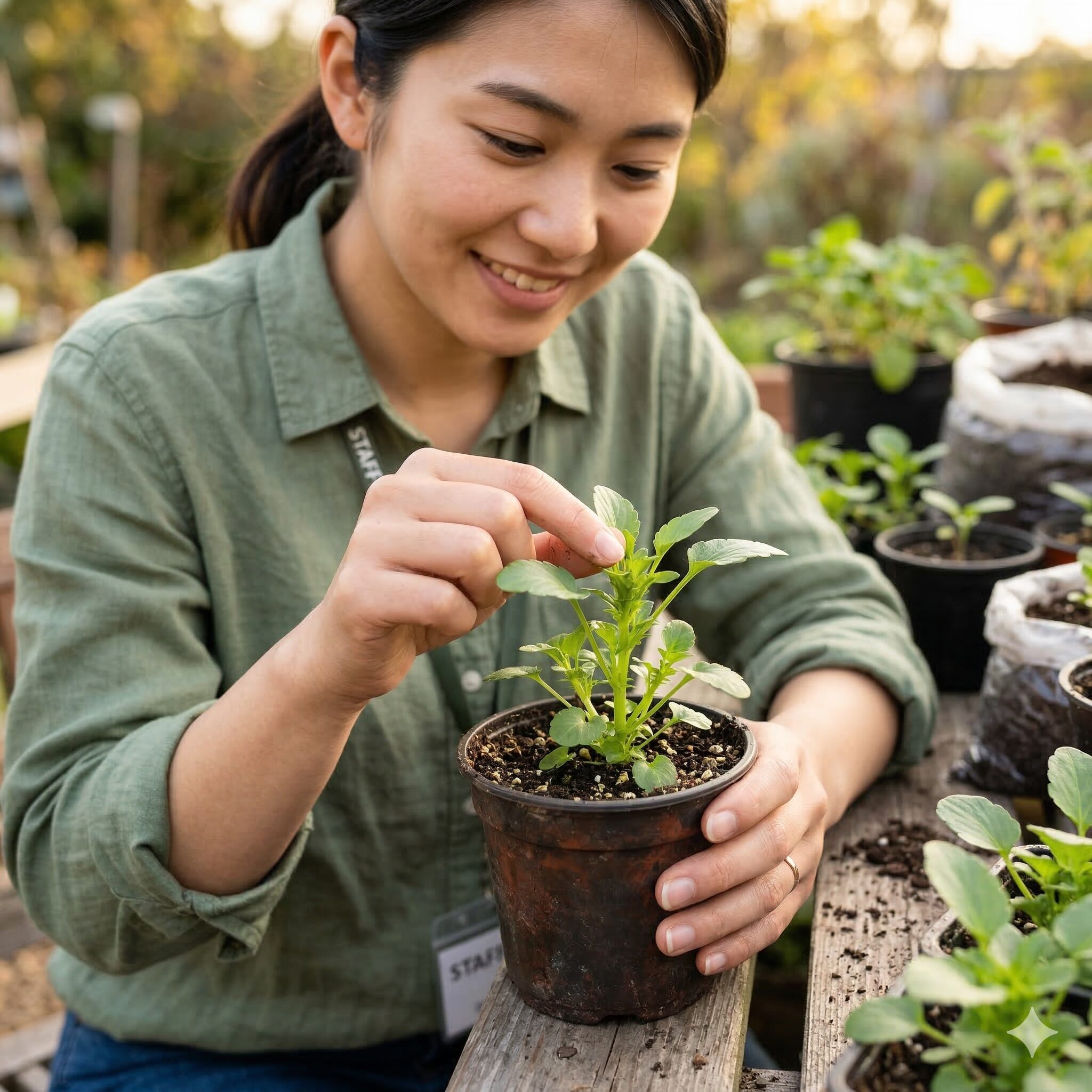 ビオラ 切り戻し4　秋（10月〜11月）に植え付けたビオラの苗の中心の芽を摘み取る「摘心（ピンチ）」の作業の様子。