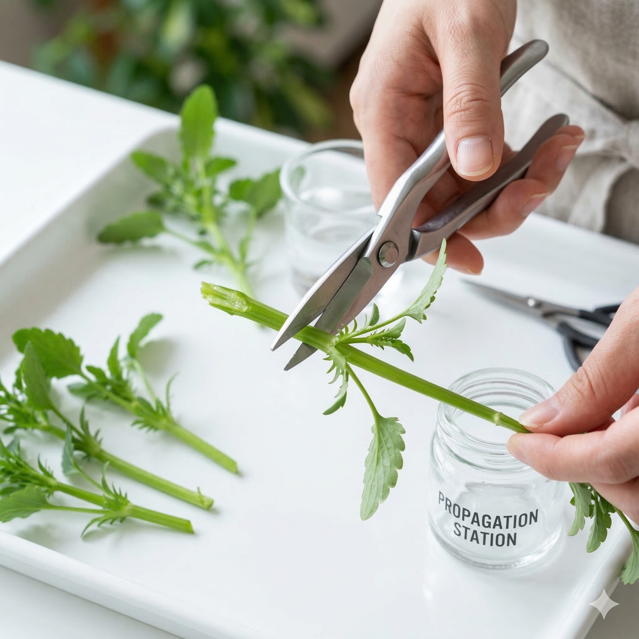 ビオラ 切り戻し5　ビオラの切り戻しにおいて、葉の付け根（節）の数ミリ上を正確に、斜めにハサミで切るやり方を示した拡大写真。