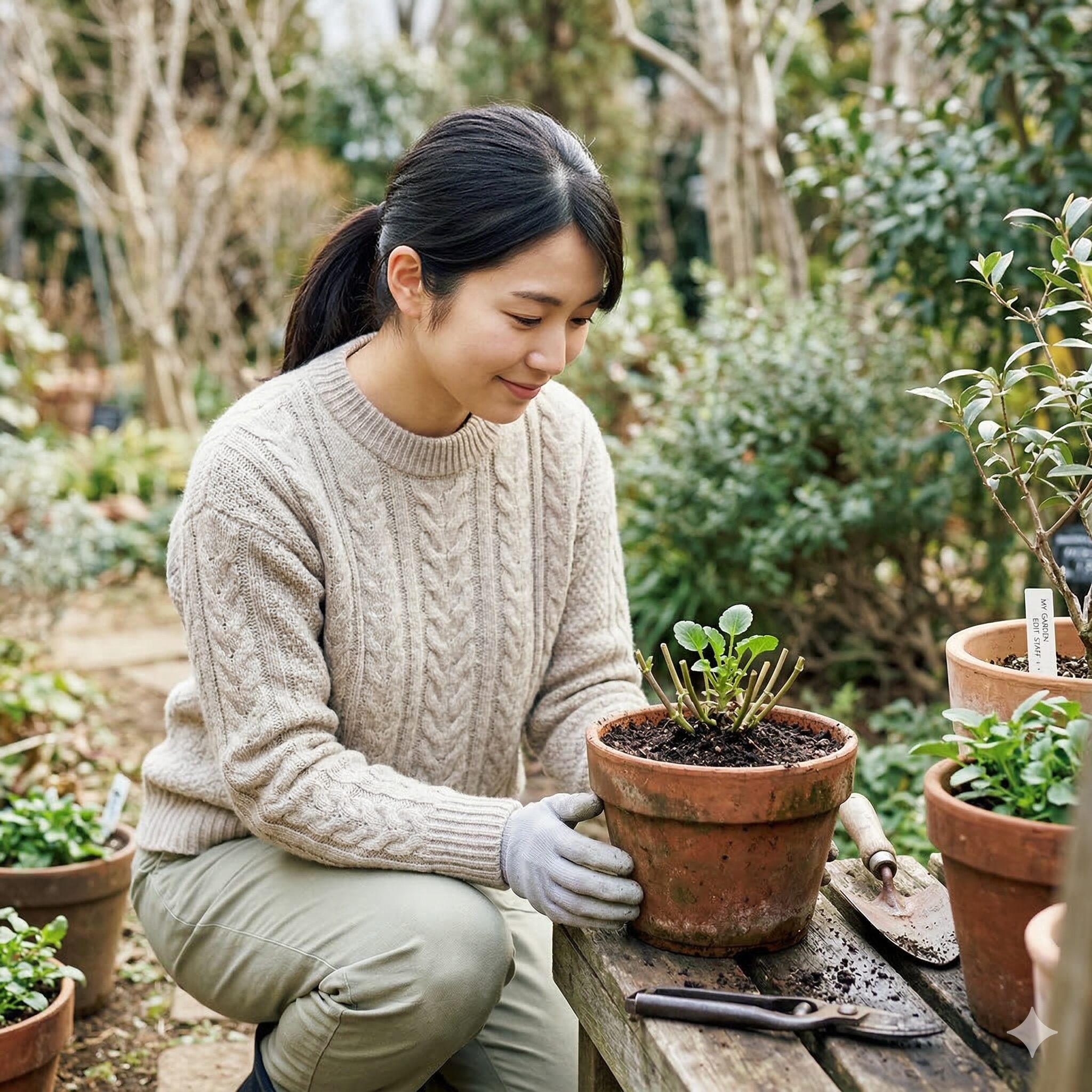 ビオラ 切り戻し6　切り戻し作業後のビオラの鉢植え。茎は短くなっているが、株元には再生に必要な緑色の葉が数枚、意図的に残されている。