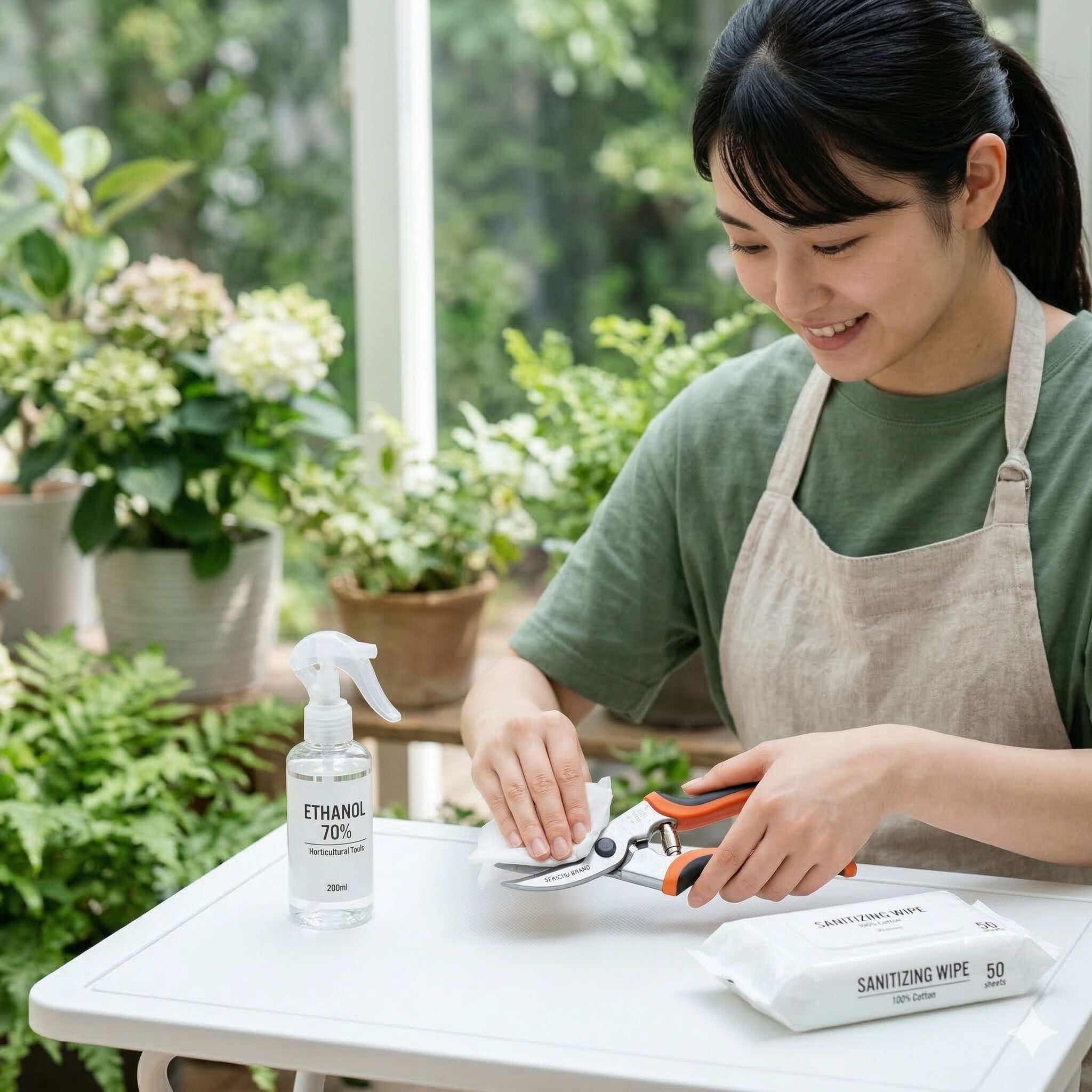 ビオラ 切り戻し7　ビオラの切り戻し作業前に、園芸用ハサミを消毒用エタノールと除菌シートで丁寧に消毒している様子。