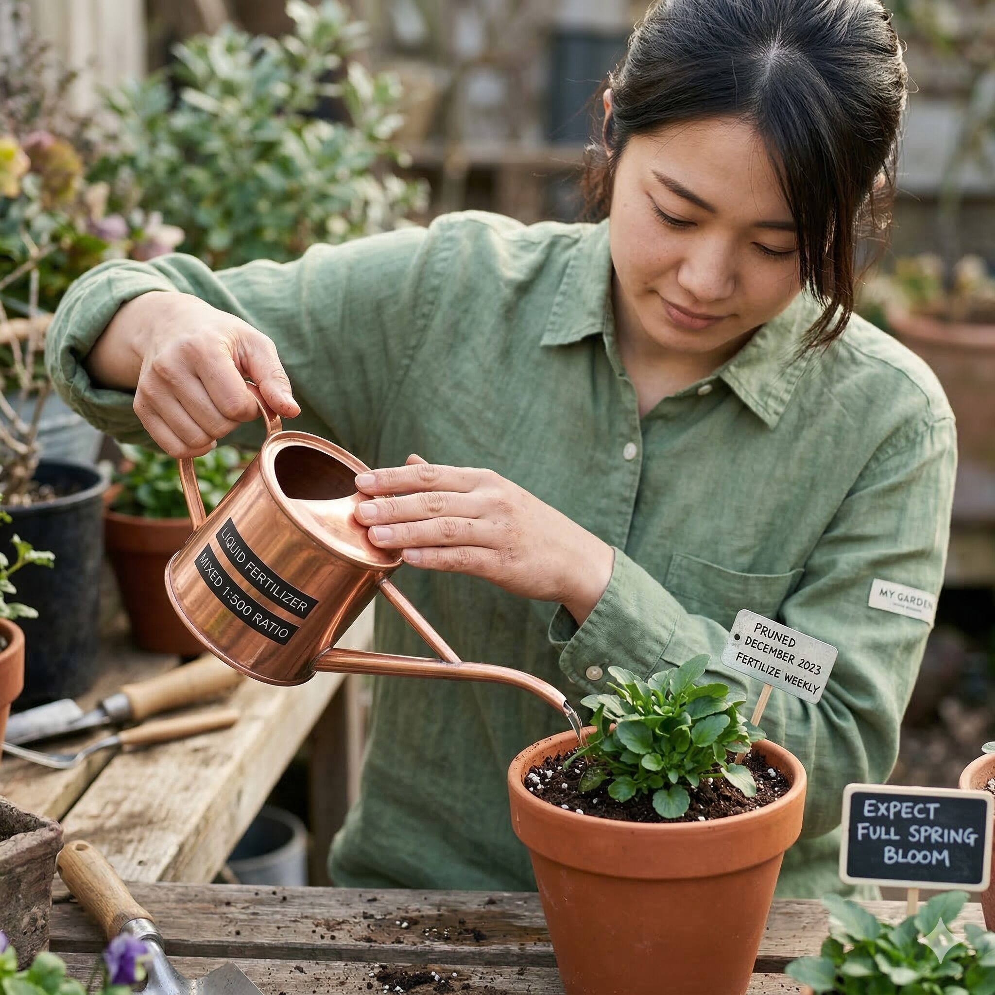 ビオラ 切り戻し8　切り戻し作業を終えたビオラの鉢植えに、新芽の生長を促進するための液体肥料を株元に与えている様子。