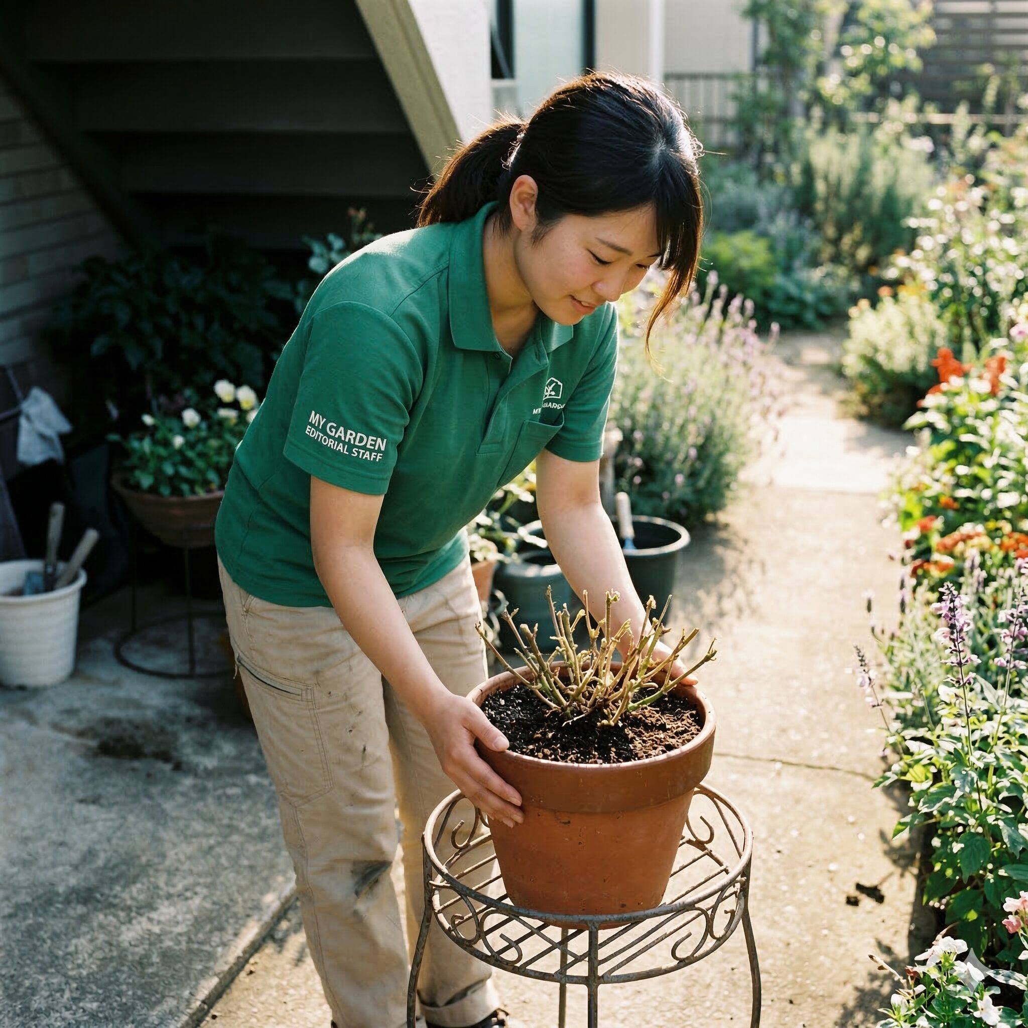 ビオラ 切り戻し9　切り戻し後に新芽が出ないビオラの鉢を、日陰から日当たりの良い場所に移動させている様子。