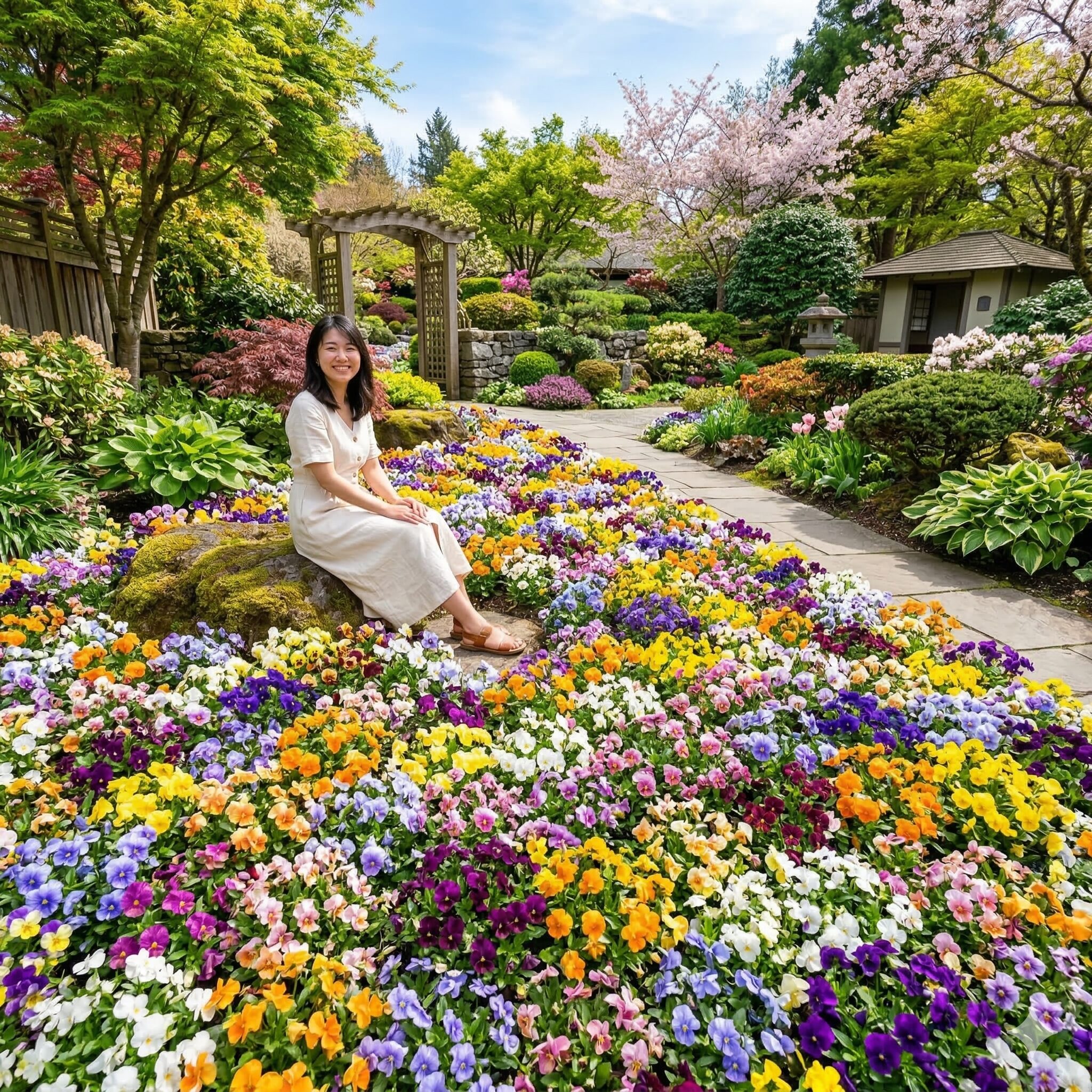 ビオラ 地植え1　春のお庭で満開になり地面いっぱいに広がる色鮮やかなビオラの地植え花壇の風景