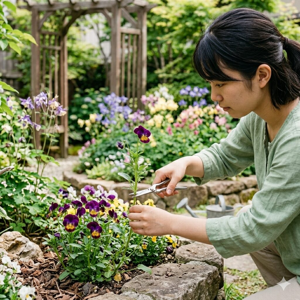 ビオラ 地植え10　春に伸びすぎたビオラの株を若返らせて花数を増やすための切り戻し剪定の様子