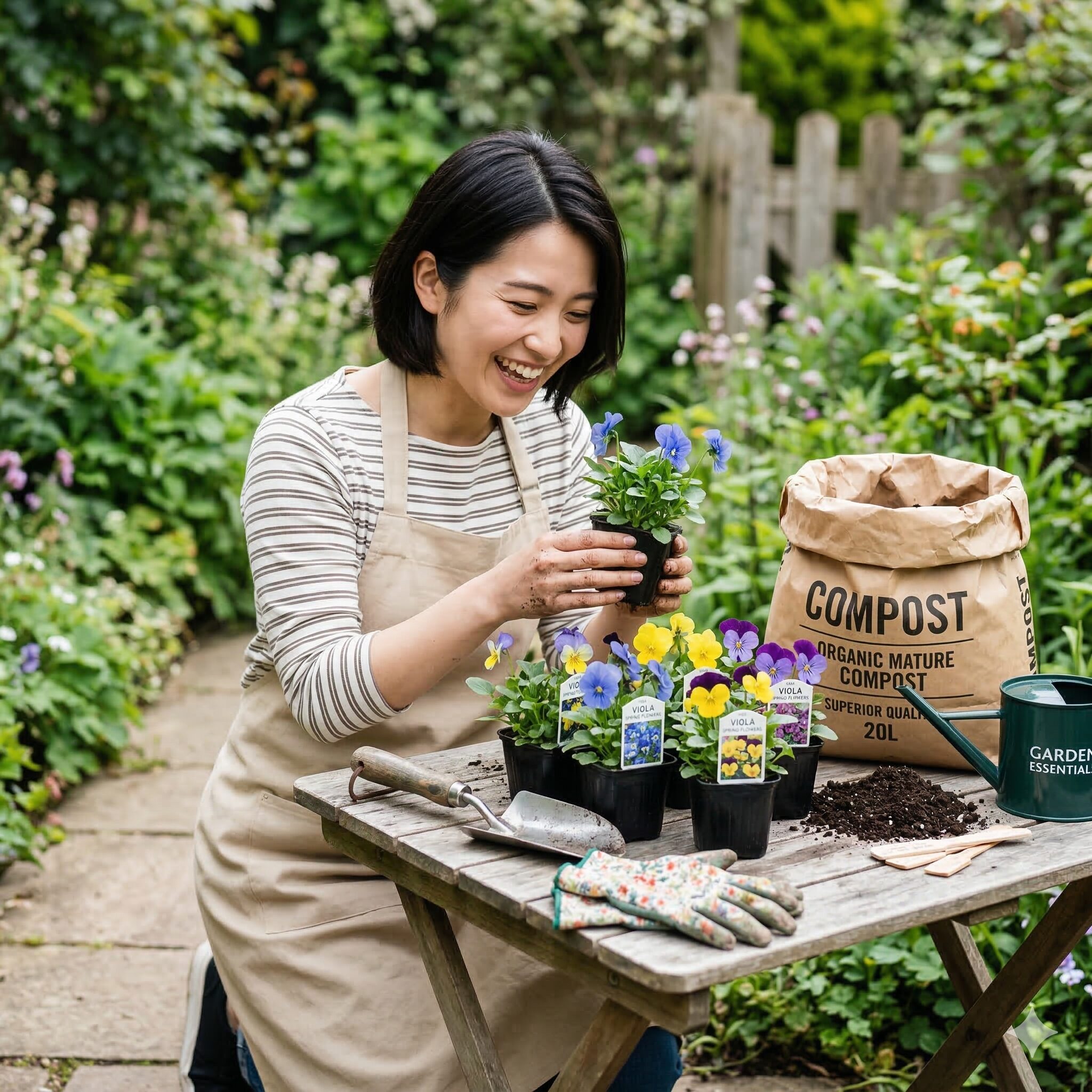 ビオラ 地植え2　ビオラの地植え作業を始める前に庭に用意されたガーデニングツールとビオラのポット苗