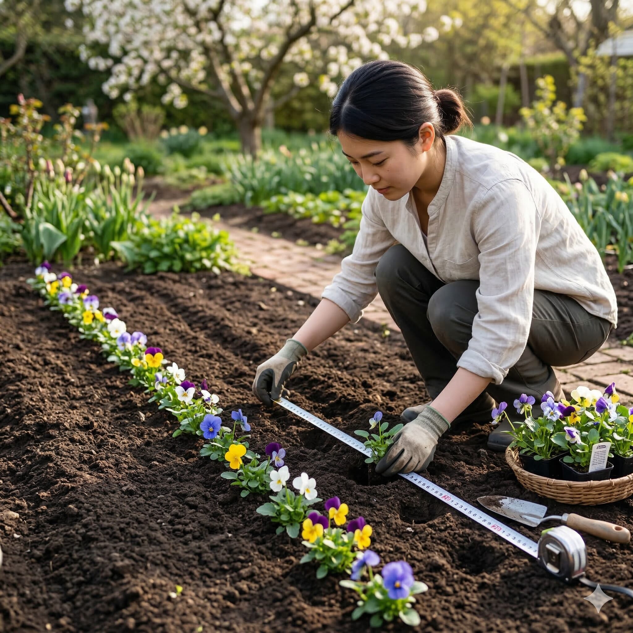 ビオラ 地植え4　ビオラの地植えで春の成長後の蒸れを防ぐために20cmの間隔を測って苗を配置する様子