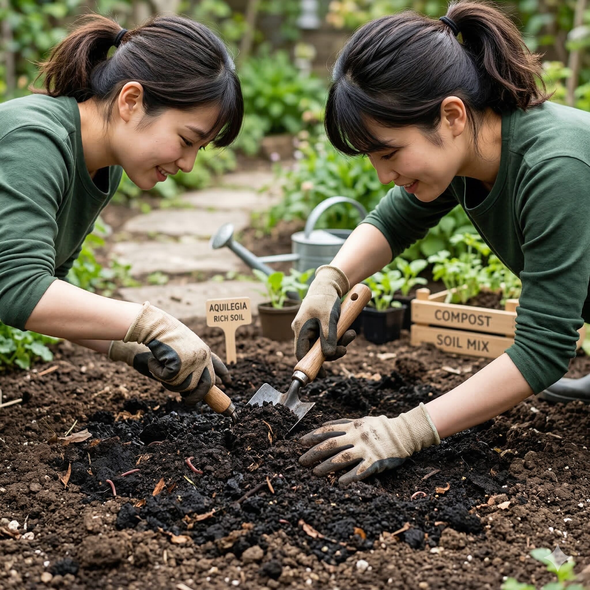 ビオラ 地植え6　腐葉土や堆肥を混ぜてビオラの成長に適した排水性の良いふかふかの土を作る様子