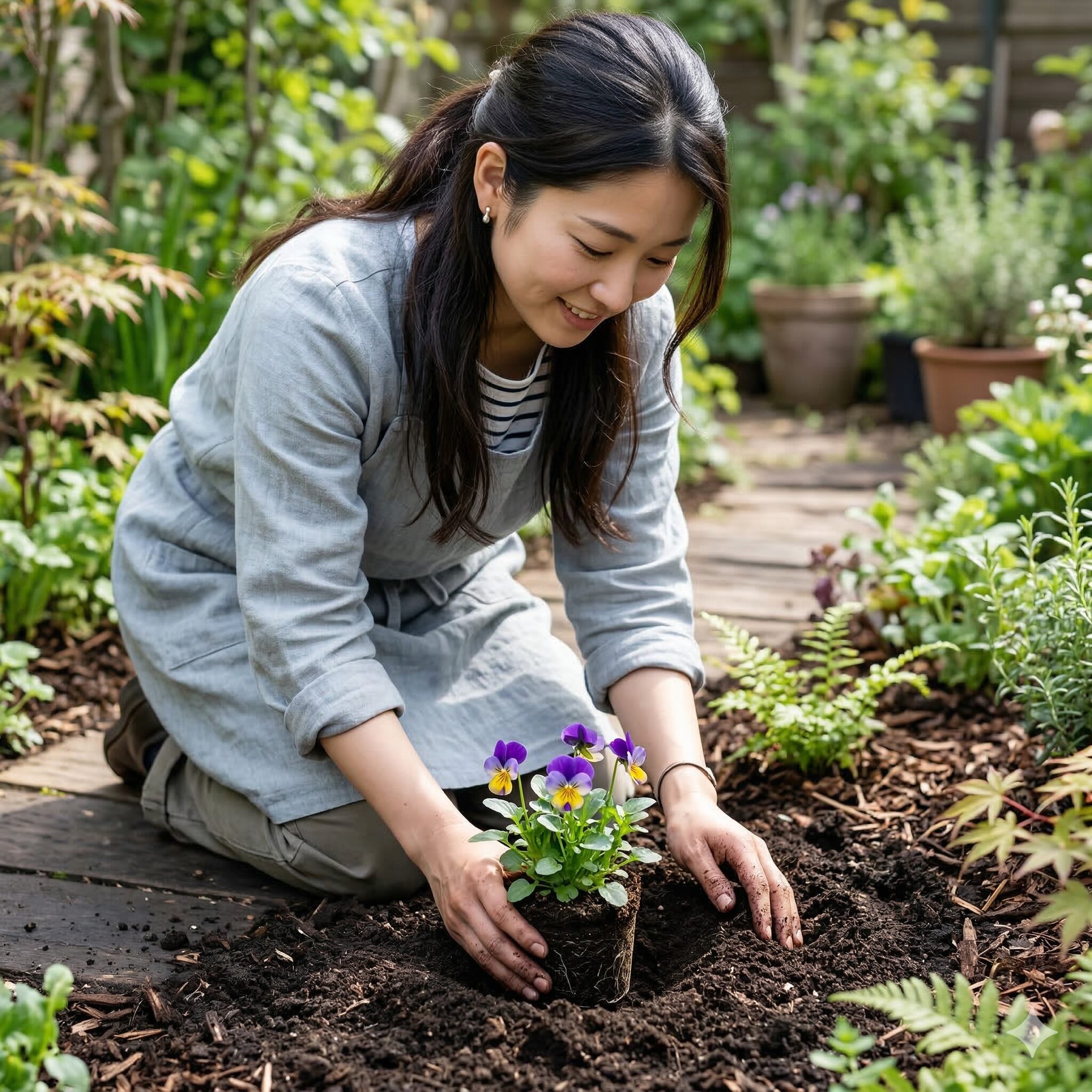 ビオラ 地植え7　ビオラの苗を傷めないように注意しながら地面に正しく植え付ける定植作業の手元