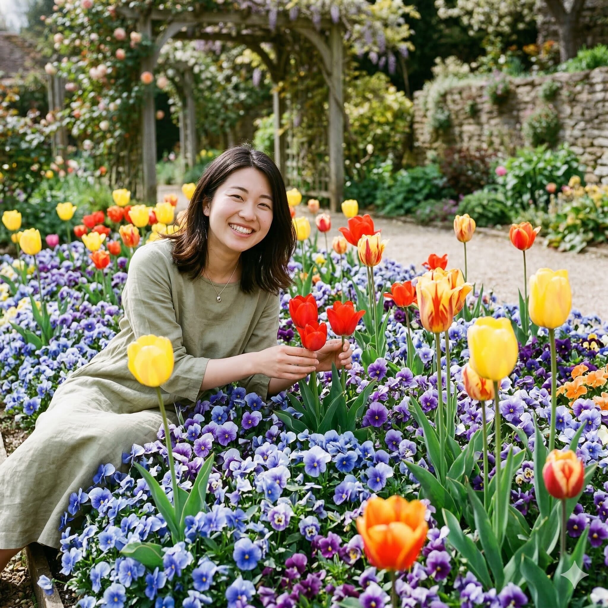 ビオラ 地植え8　春の満開のビオラとチューリップを組み合わせたダブルデッカー植えの美しい景観