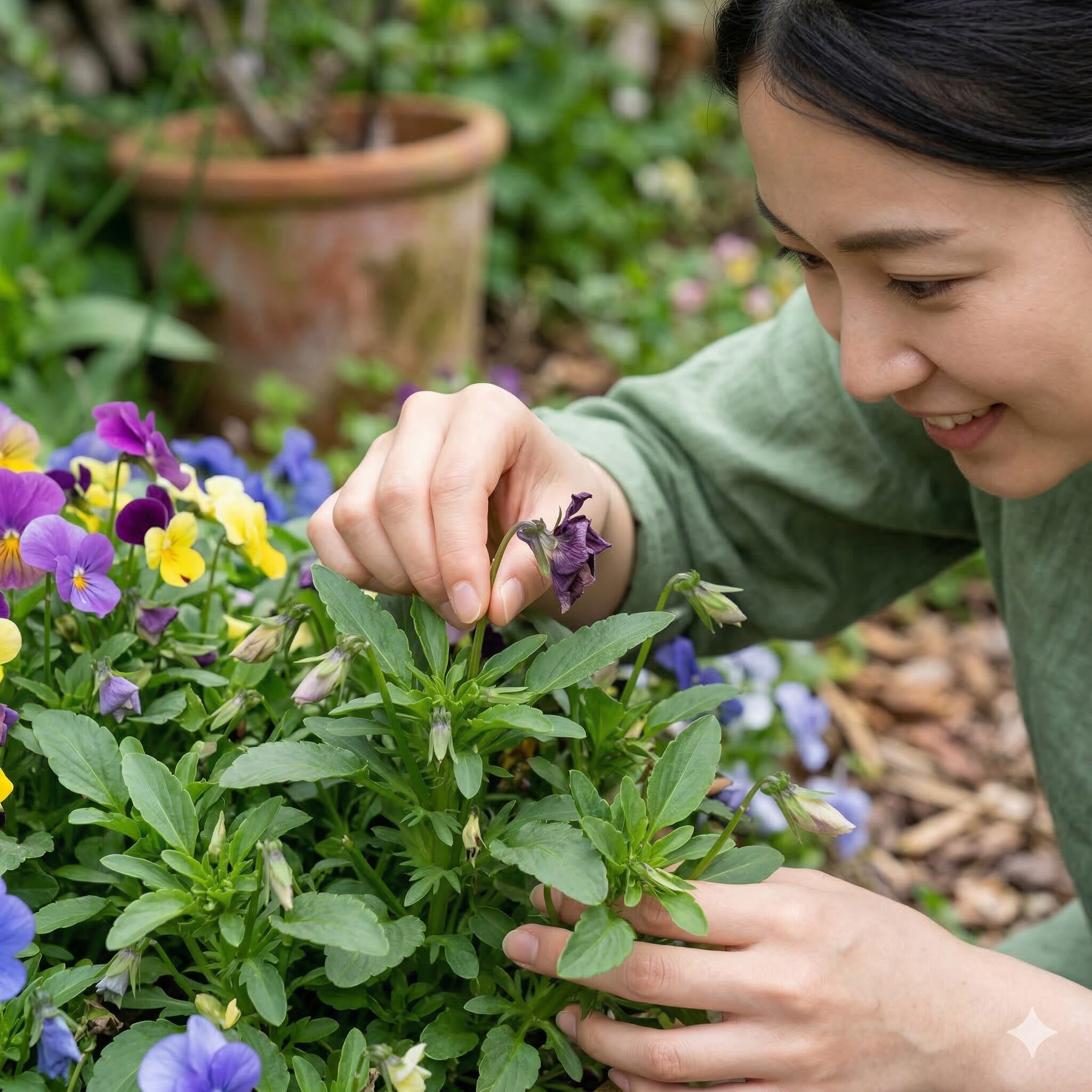 ビオラ 地植え9　ビオラの花を長く咲かせるために終わった花を茎の根元から摘み取る花がら摘みの作業