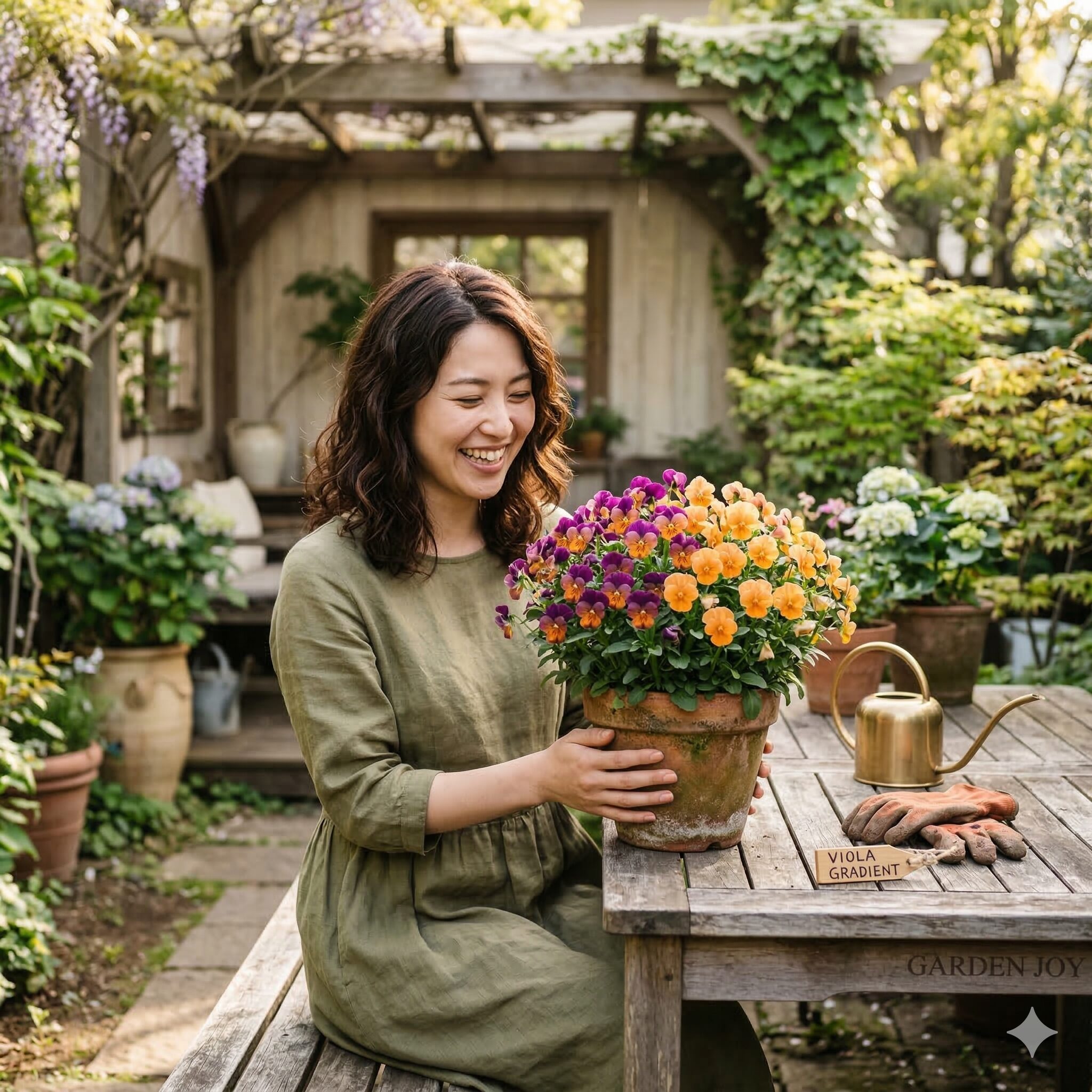 ビオラ 種まき1　自宅のお庭で満開に咲いた種から育てた色とりどりのビオラの寄せ植え
