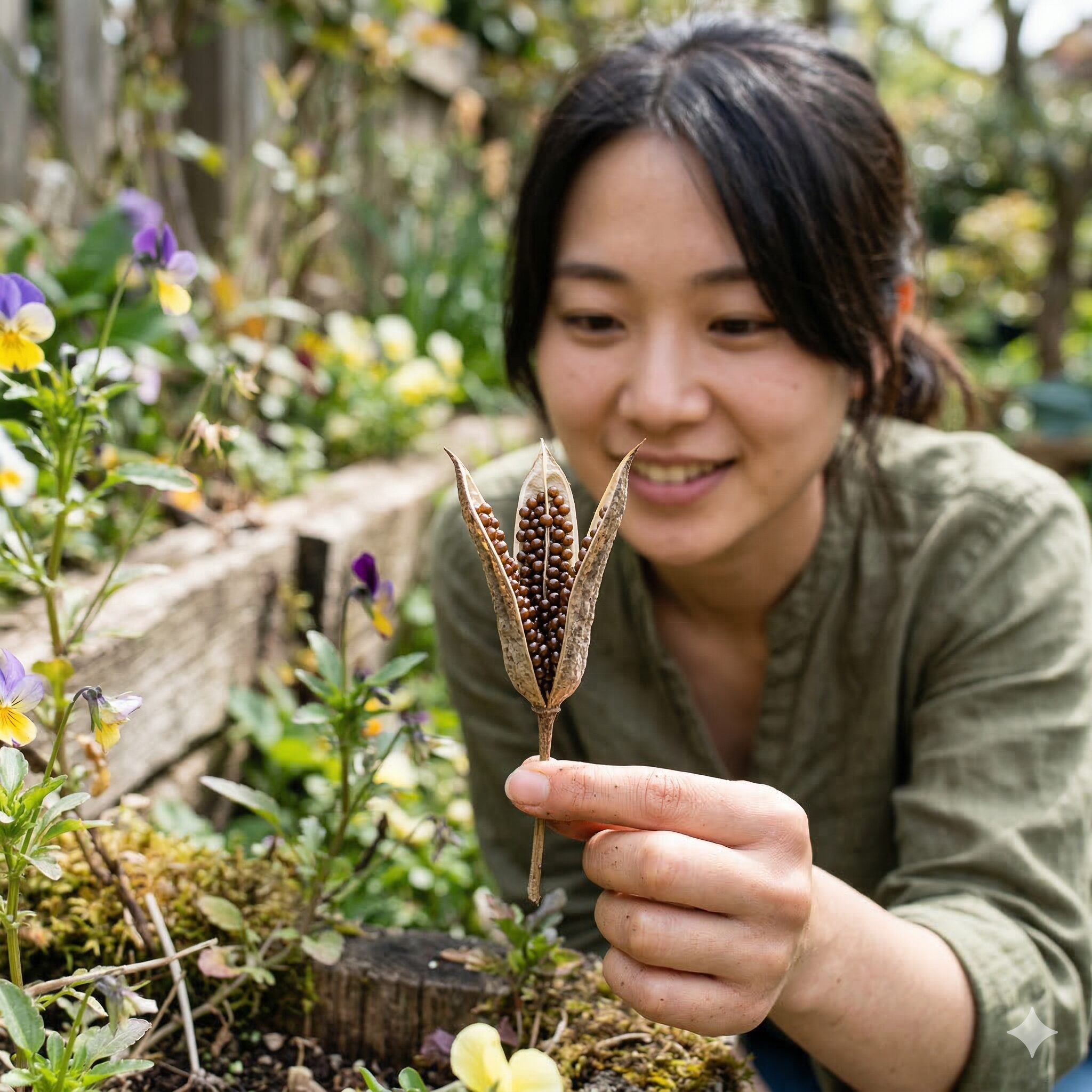 ビオラ 種まき10　自家採種のために収穫適期を迎えて上を向き割れ始めたビオラの種のサヤ