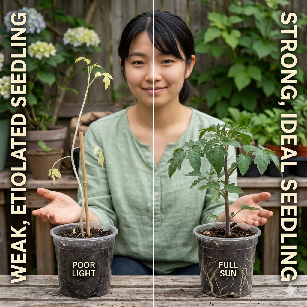 ビオラ 種まき4　ビオラのひょろひょろに徒長した苗とがっしり育った理想的な苗の比較図