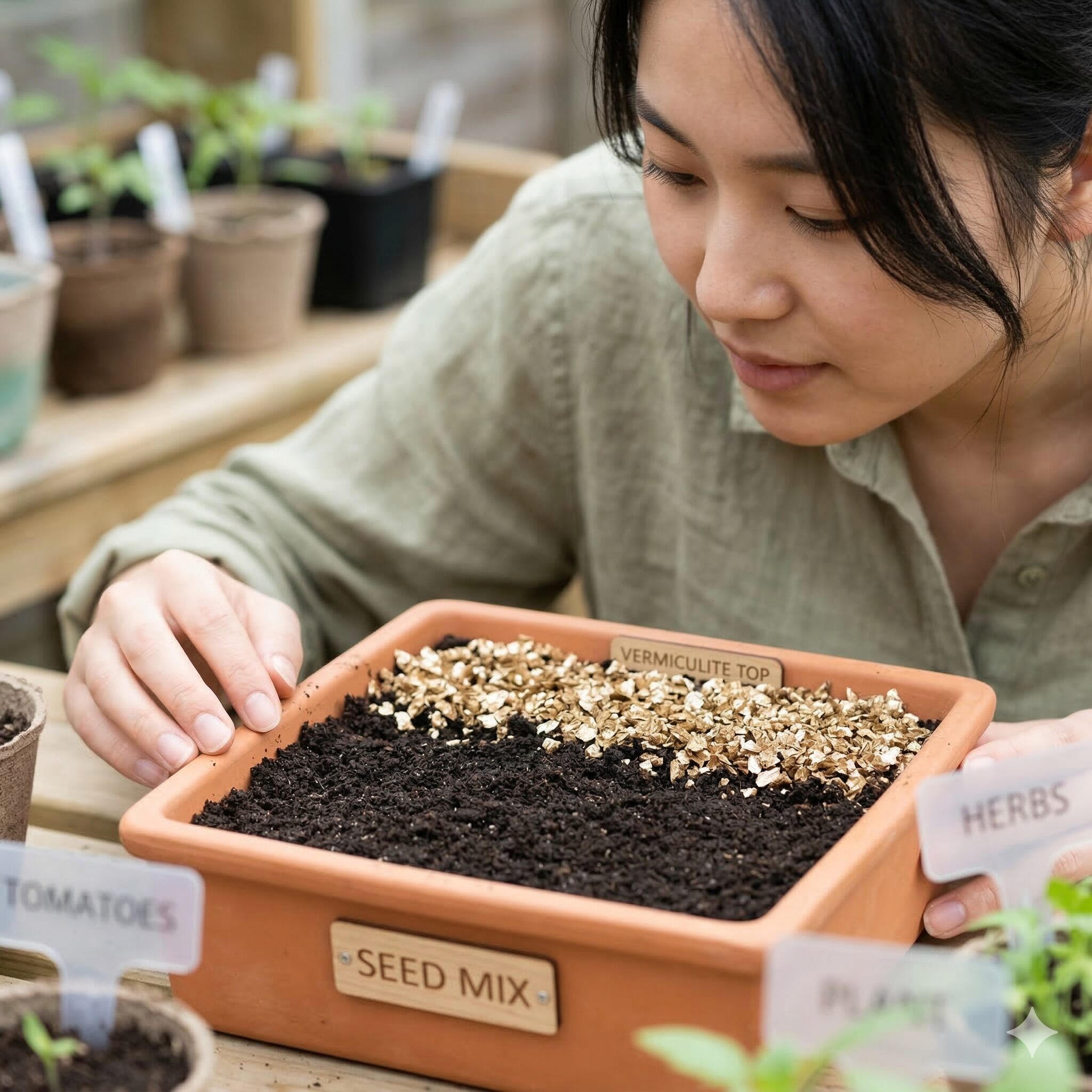 ビオラ 種まき6　立枯病を防ぐために使用する清潔な種まき専用土とバーミキュライトの質感