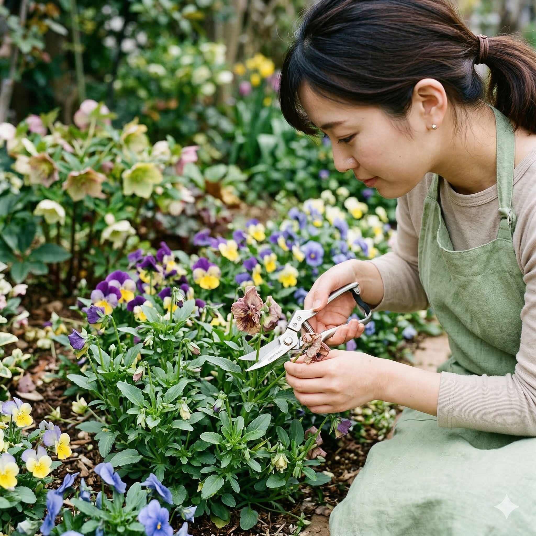ビオラ 種まき9　新しい花を咲かせるために根本から丁寧に行うビオラの花がら摘み