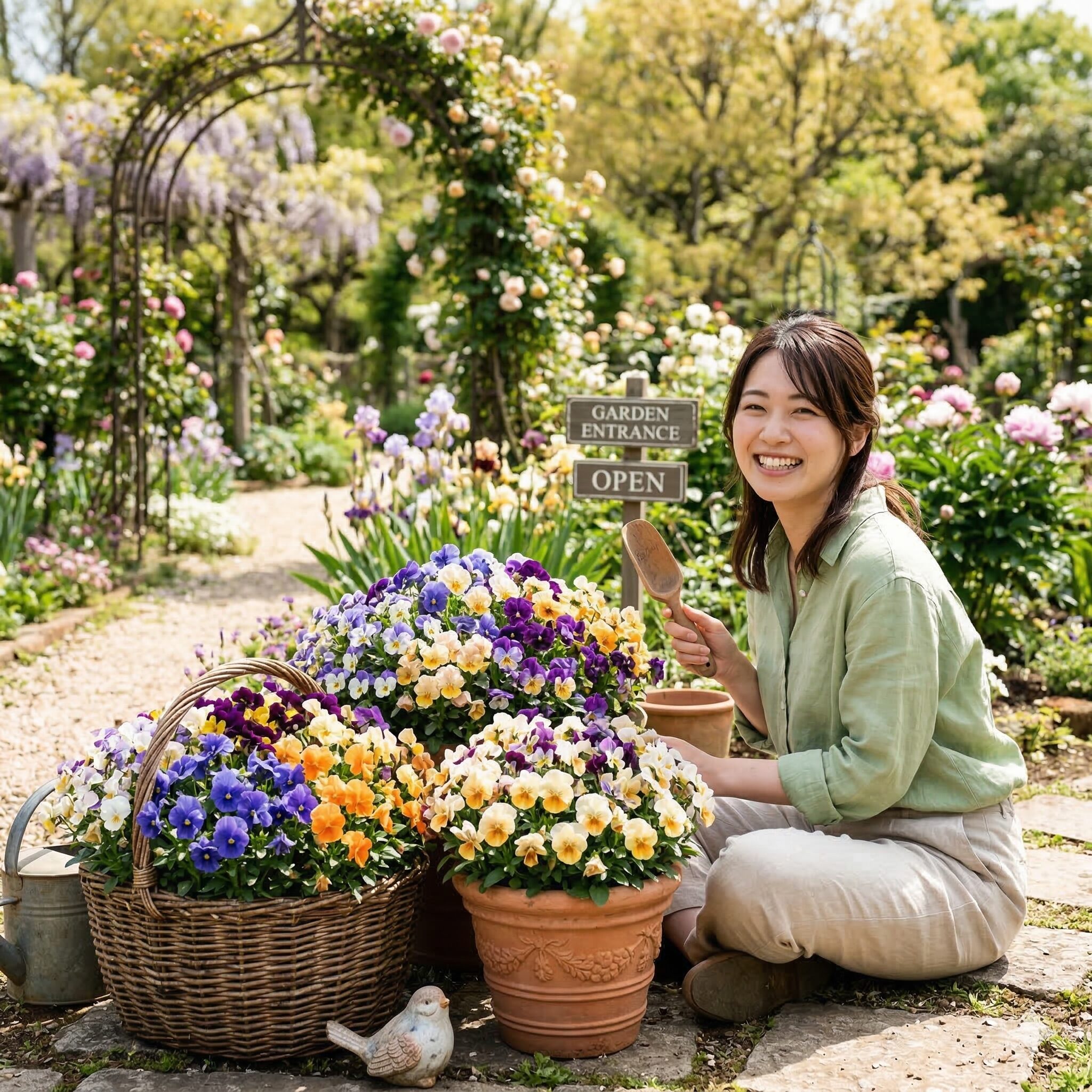 ビオラ 育て方 初心者1　鉢いっぱいに満開に咲き誇るカラフルなビオラの花