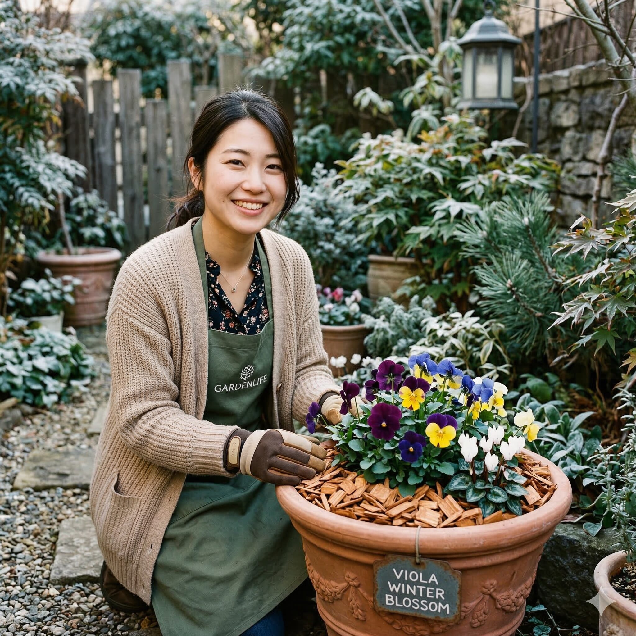 ビオラ 育て方 初心者10　防寒のためにウッドチップでマルチングされたビオラの鉢