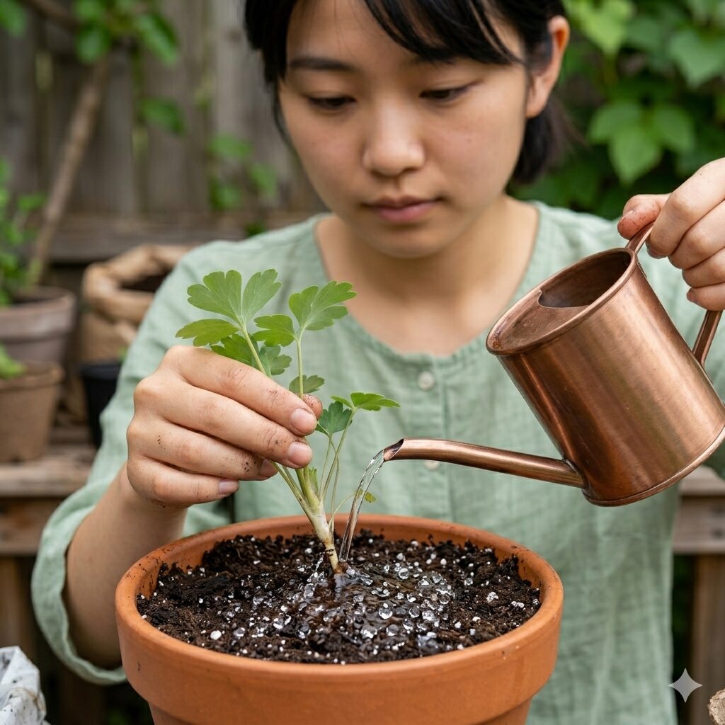 ビオラ 育て方 初心者6　花を避けてビオラの株元へ丁寧に水やりをする様子