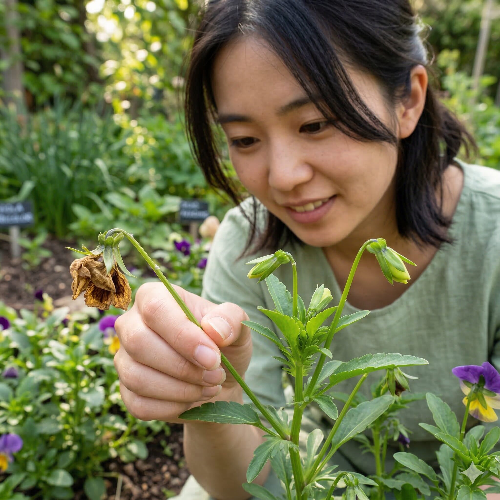 ビオラ 育て方 初心者7　ビオラの花がらを茎の根元から摘み取るメンテナンス作業