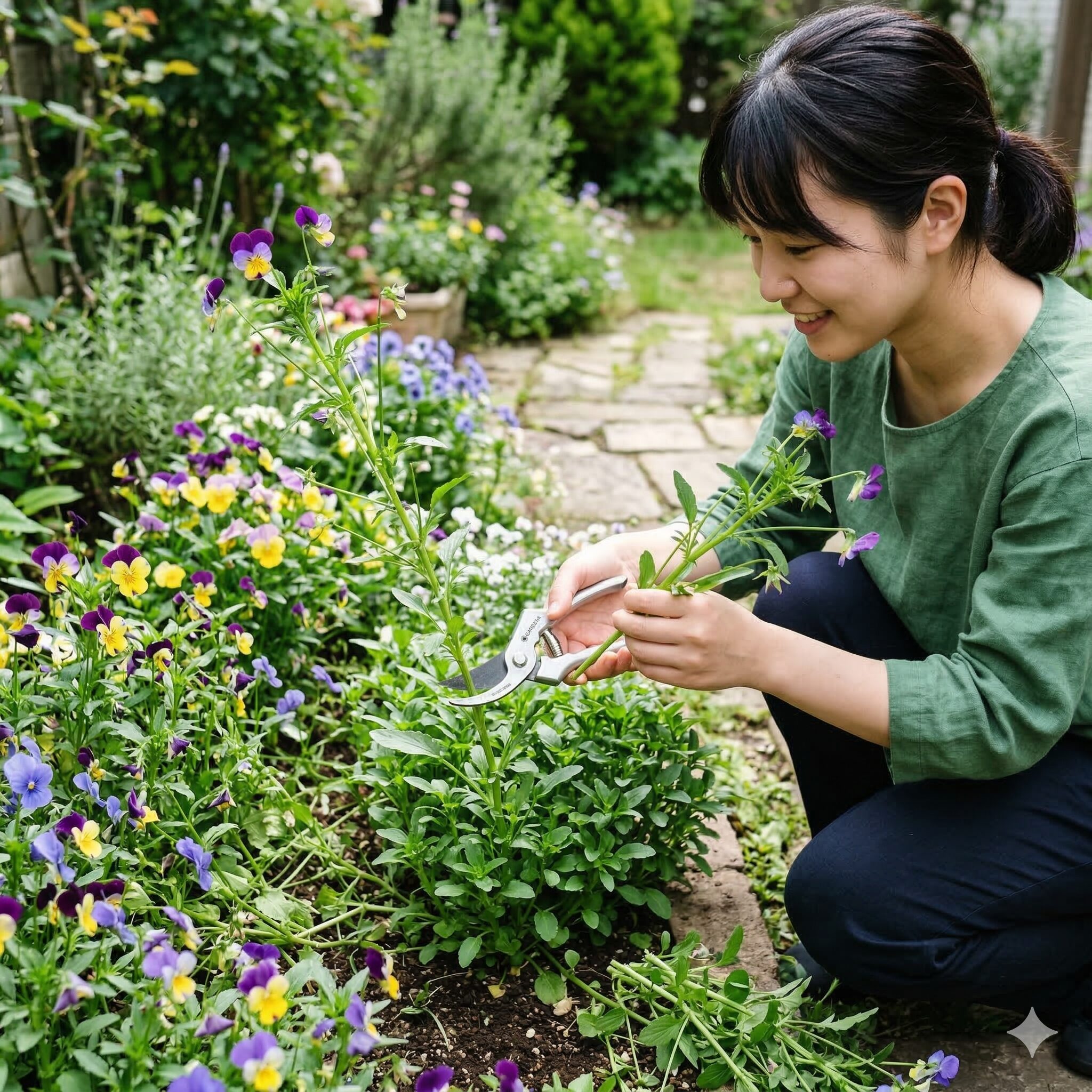 ビオラ 育て方 初心者9　株を若返らせるためにビオラの切り戻しを行う手元