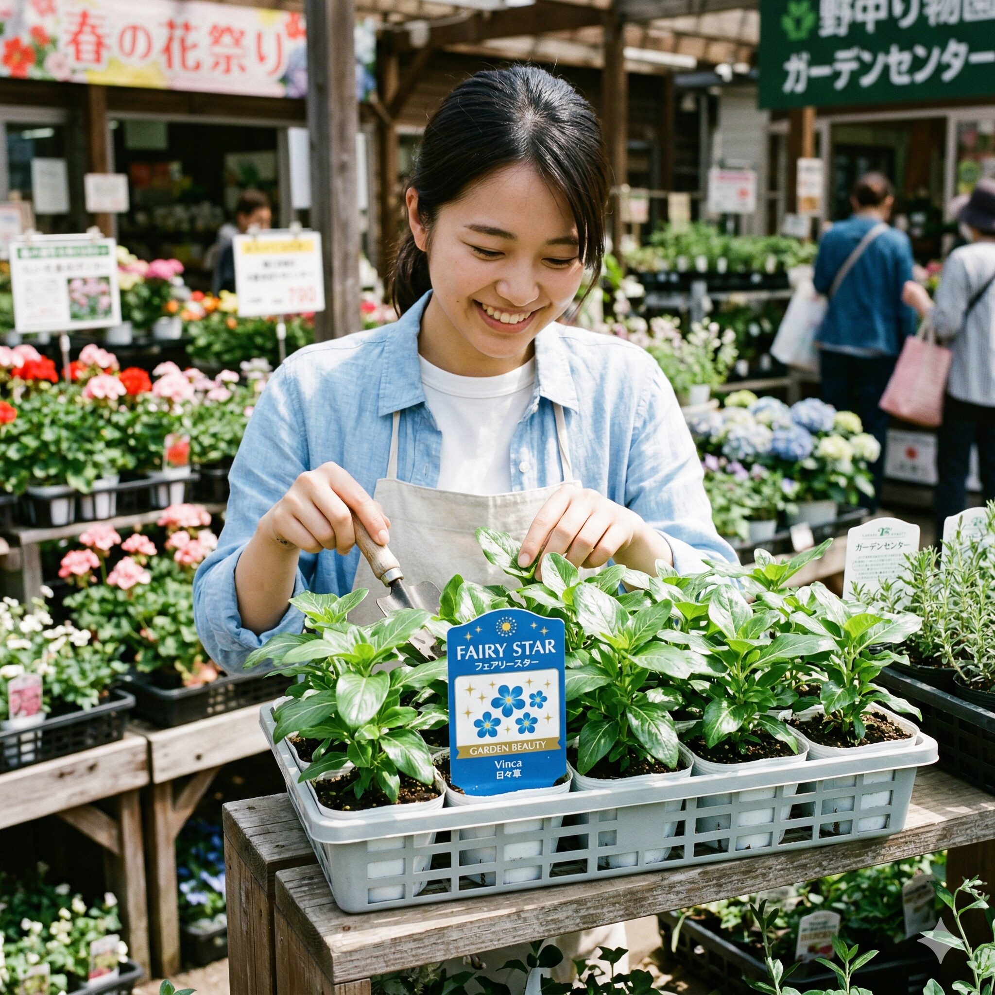 フェアリースター いつまで2　園芸店で販売されているサントリーフラワーズのフェアリースターの苗と特徴的な青いブランドラベル